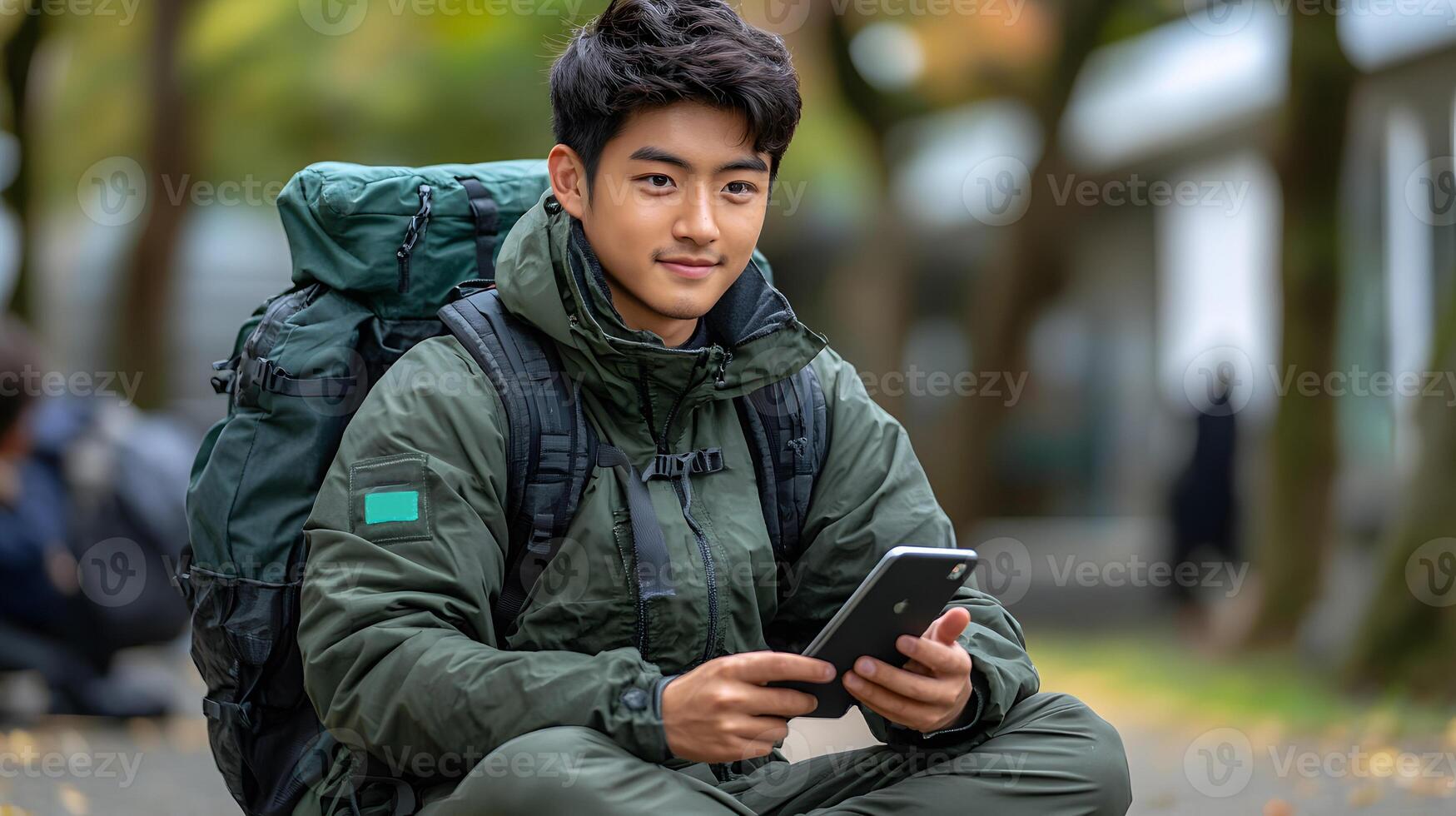 Asian student sitting on the ground with laptop open smartphone in hand, engaged learning in 3D art style photo