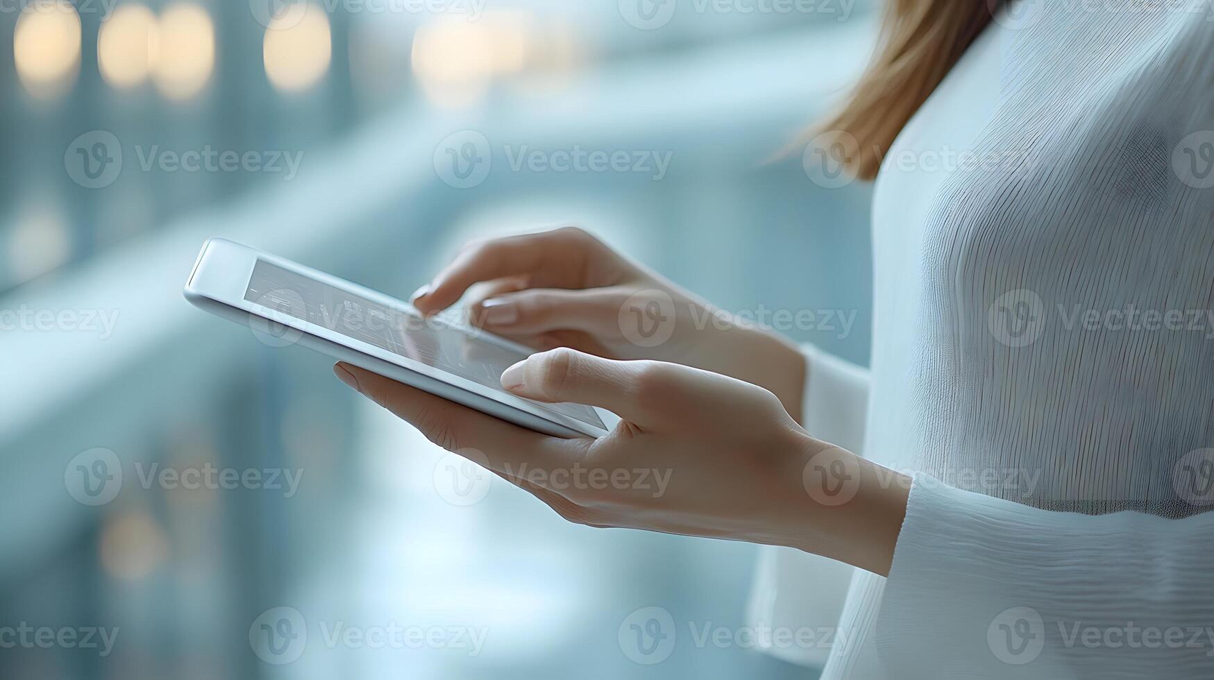 Business manager analyzing digital data on tablet, corporate office environment photo