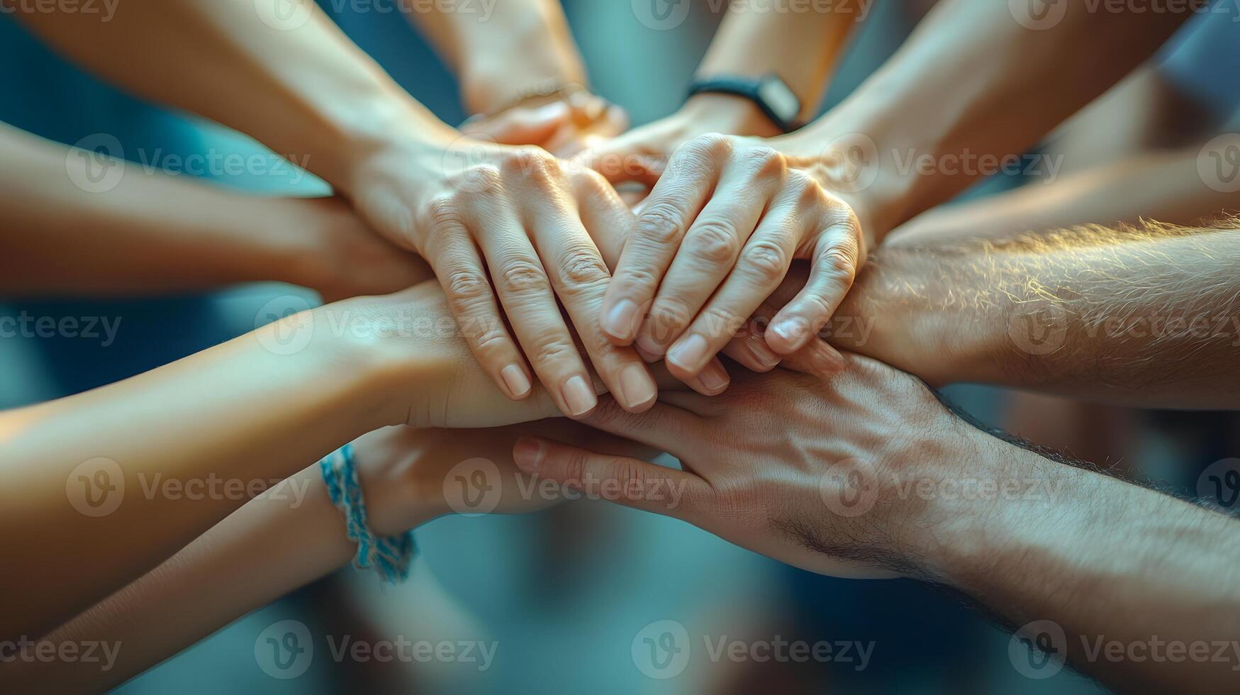 Teamwork and unity visual with hands from different people in a circle, 3D cartoon rendering, isolated on white background photo