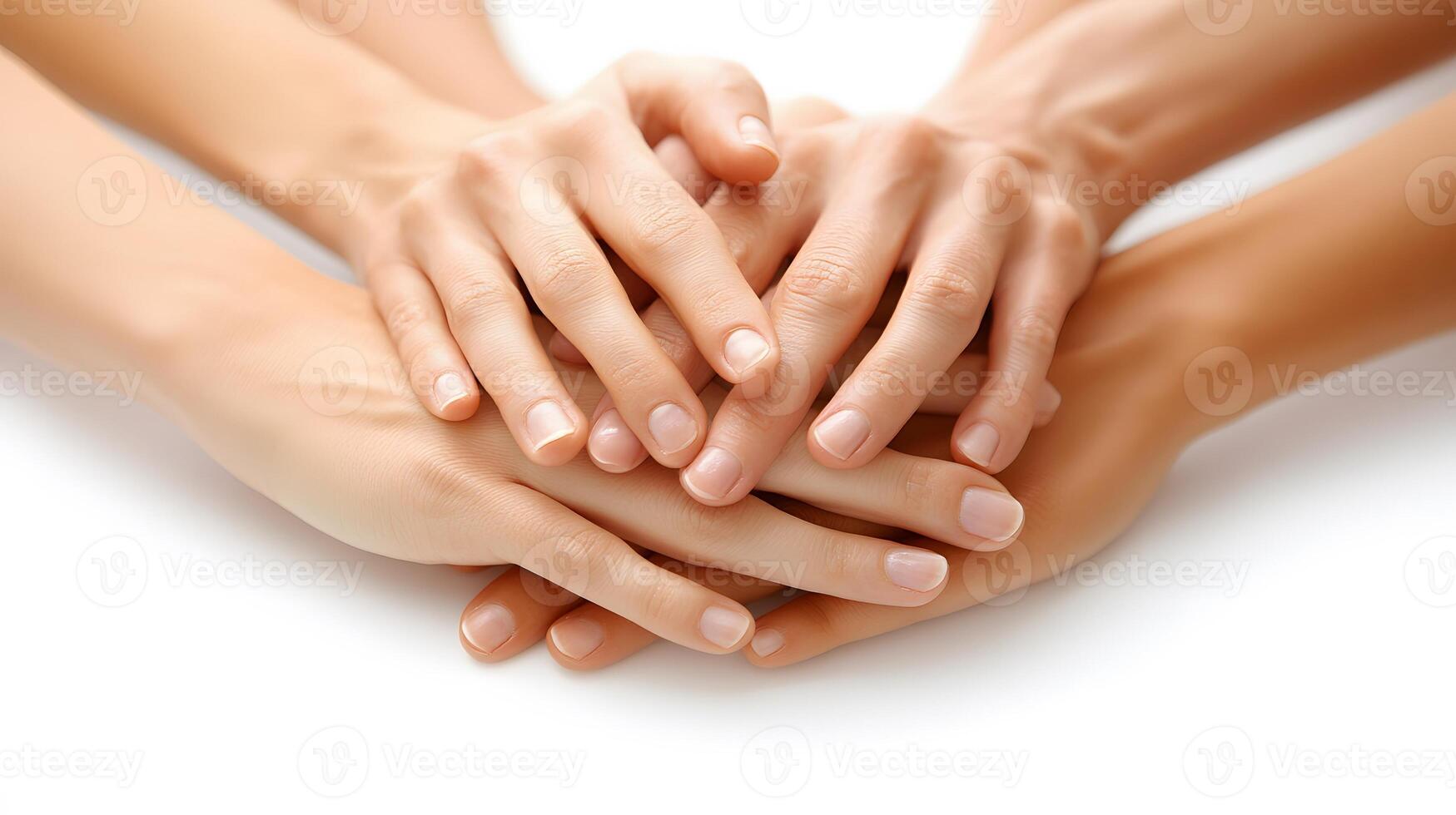 Cartoon-style hands from different people forming a circle, teamwork and unity, isolated on white background photo
