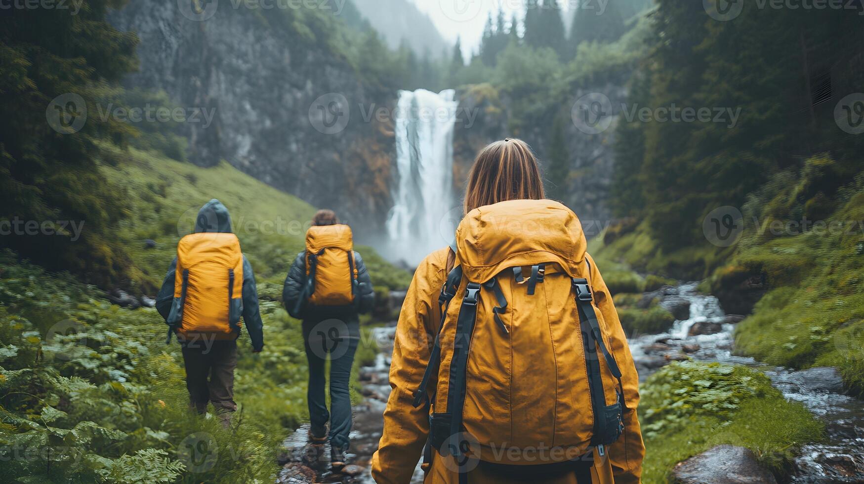 Campers exploring a waterfall, misty surroundings and lush greenery, joyful expressions, sense of discovery and natural beauty photo