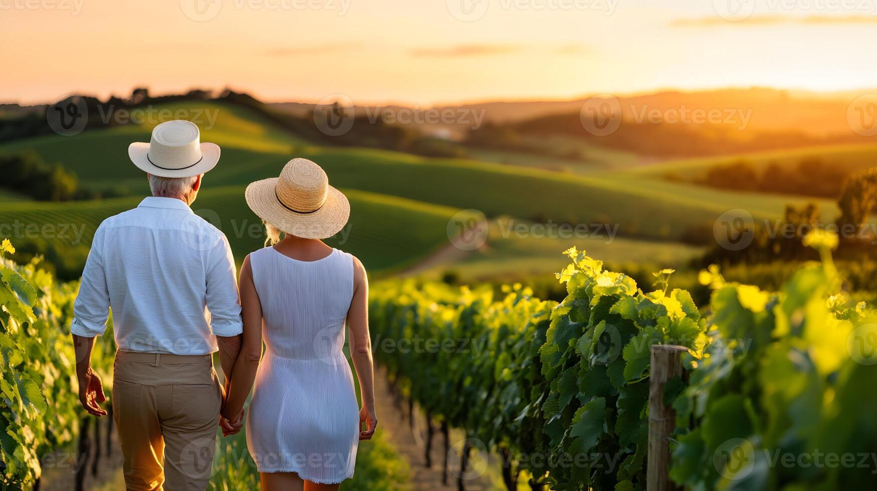A couple walking through a vineyard at dusk with a backdrop of soft, golden light photo