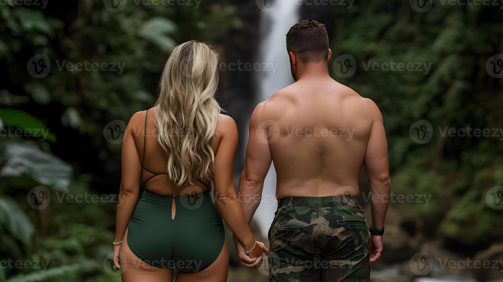A couple holding hands while standing in front of majestic waterfall photo
