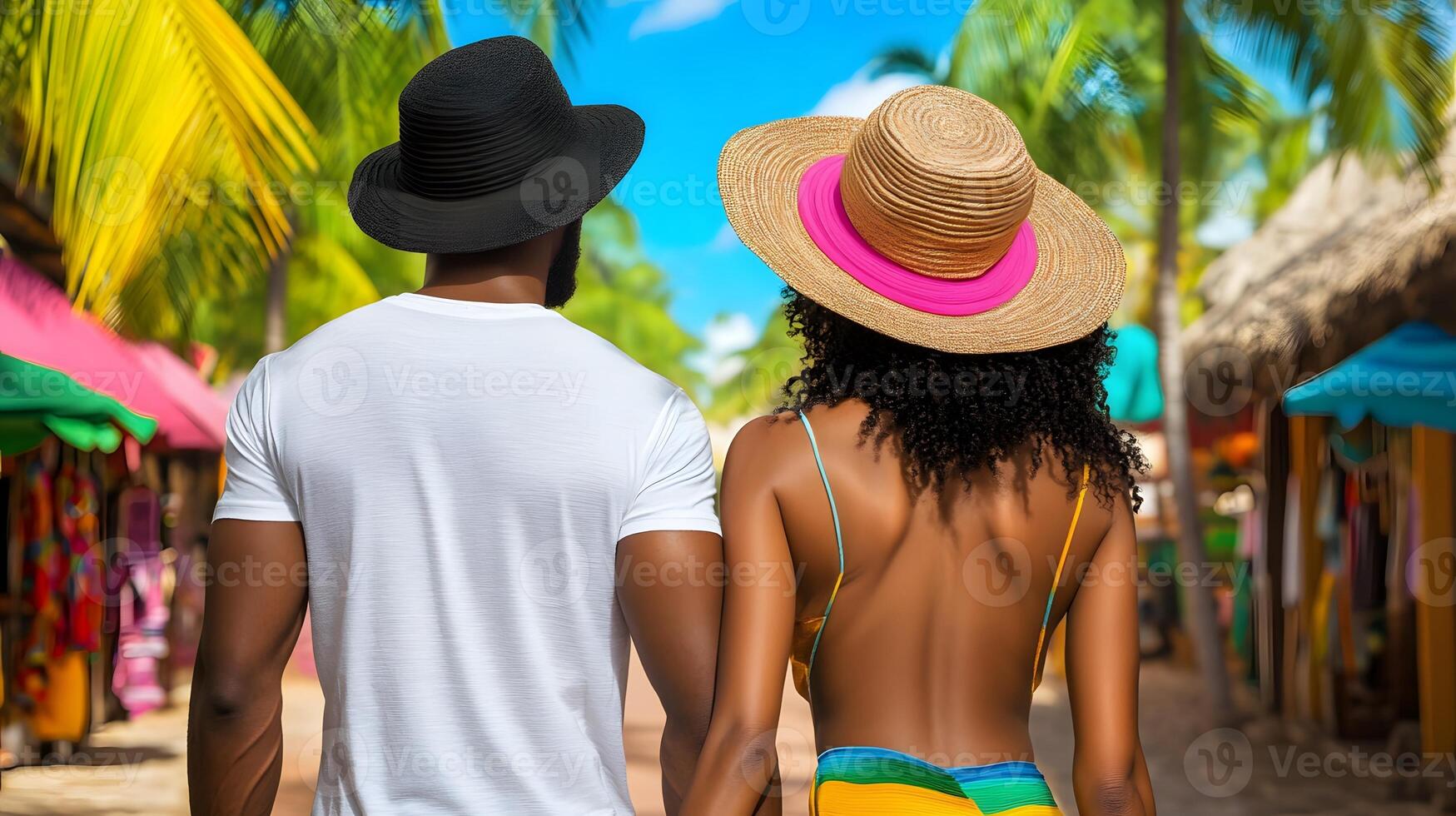 A couple exploring a vibrant, bustling marketplace filled with colorful textiles and spices photo