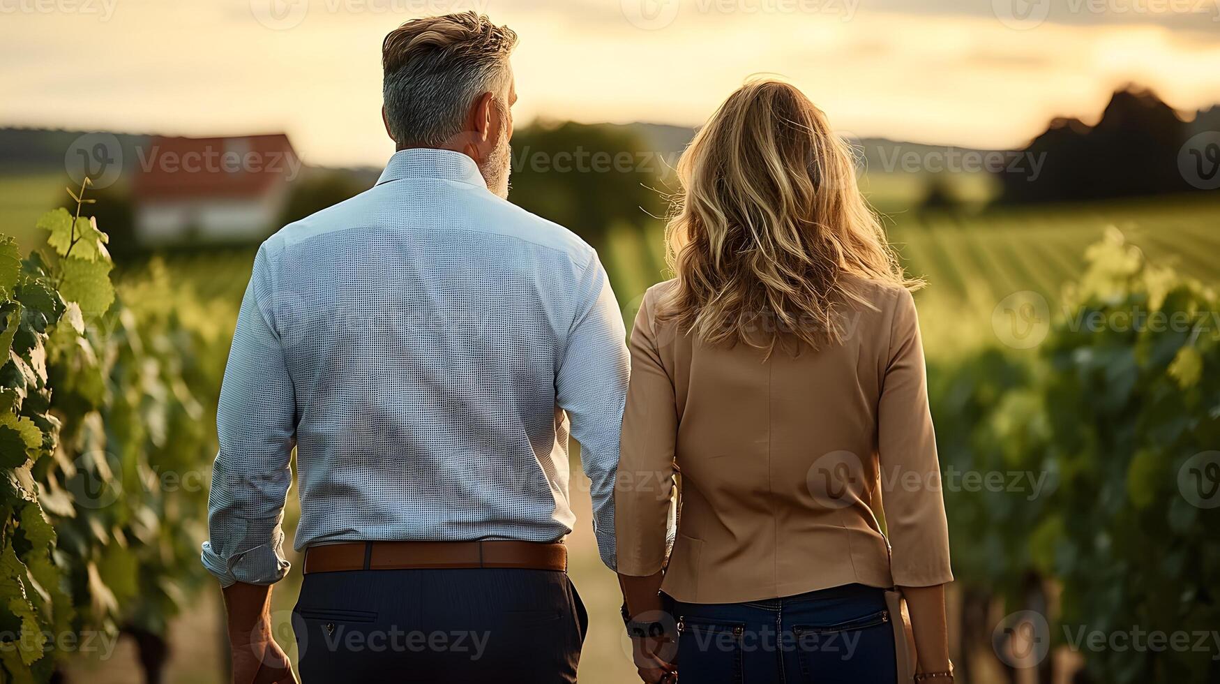 A couple walking through a vineyard at dusk, with a backdrop of soft, golden light photo