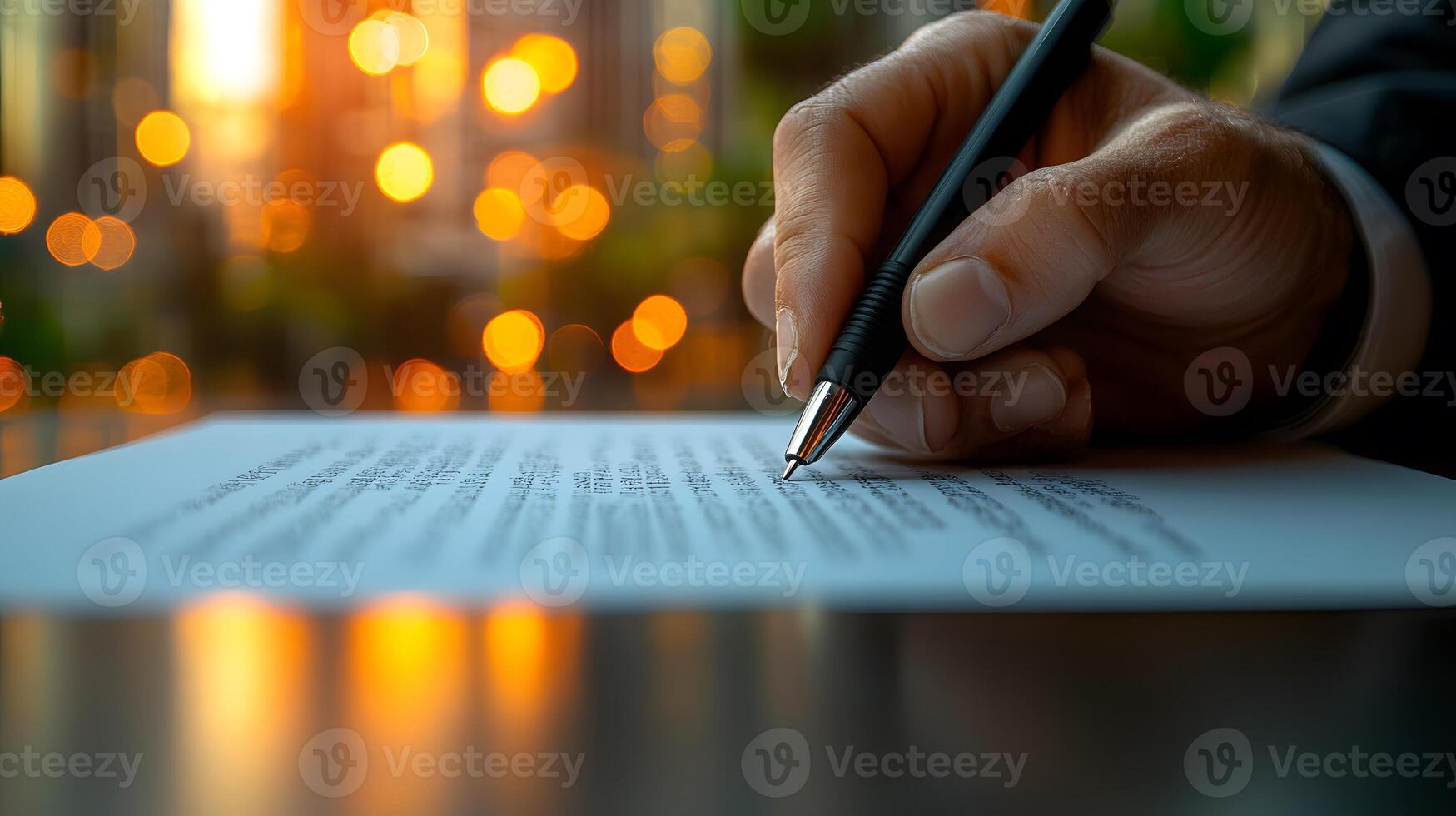 A professional hand gripping a pen with determination, editing text on paper photo