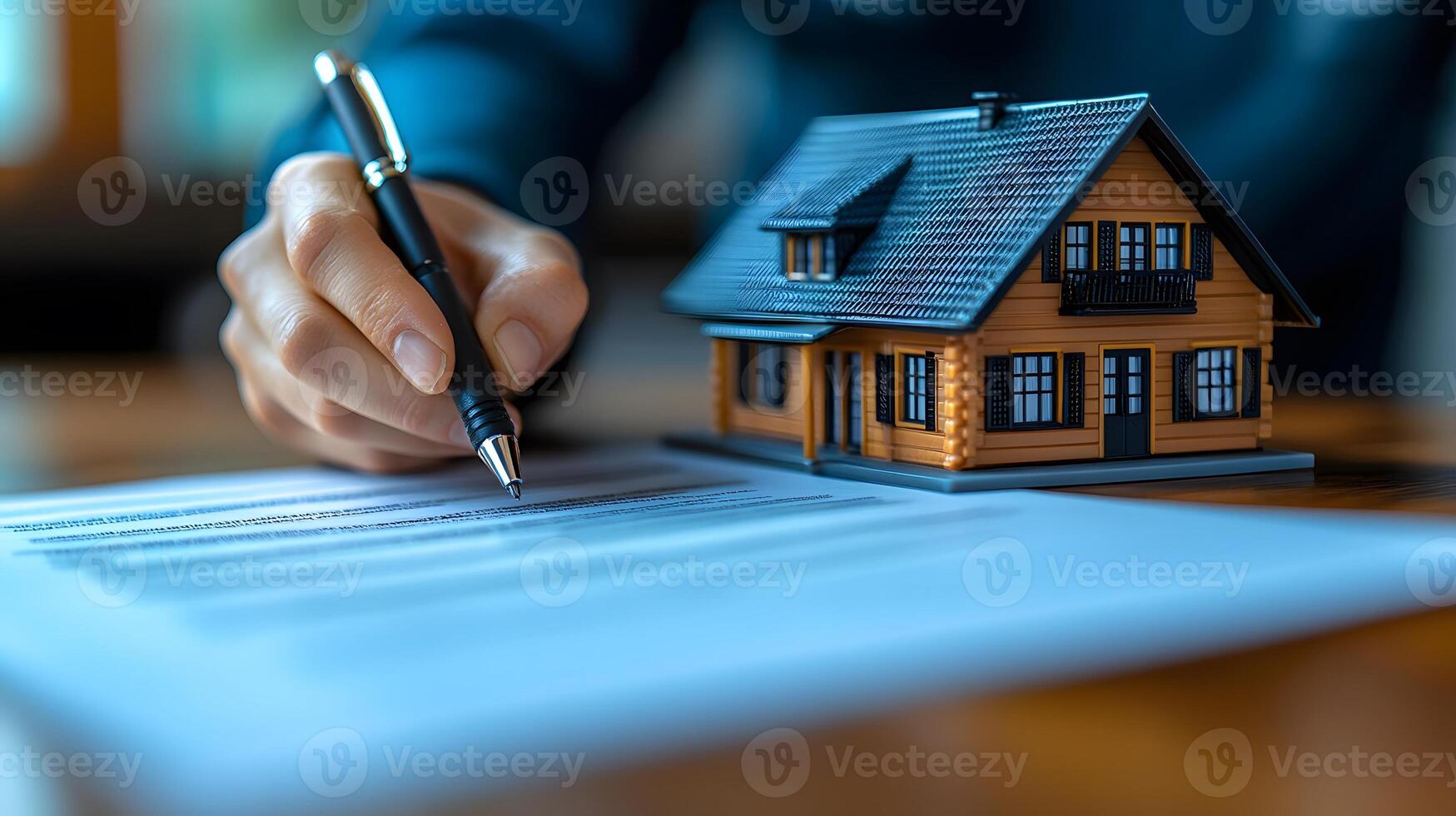 Clients consulting with a legal professional on house purchase contract in a clean, organized office photo