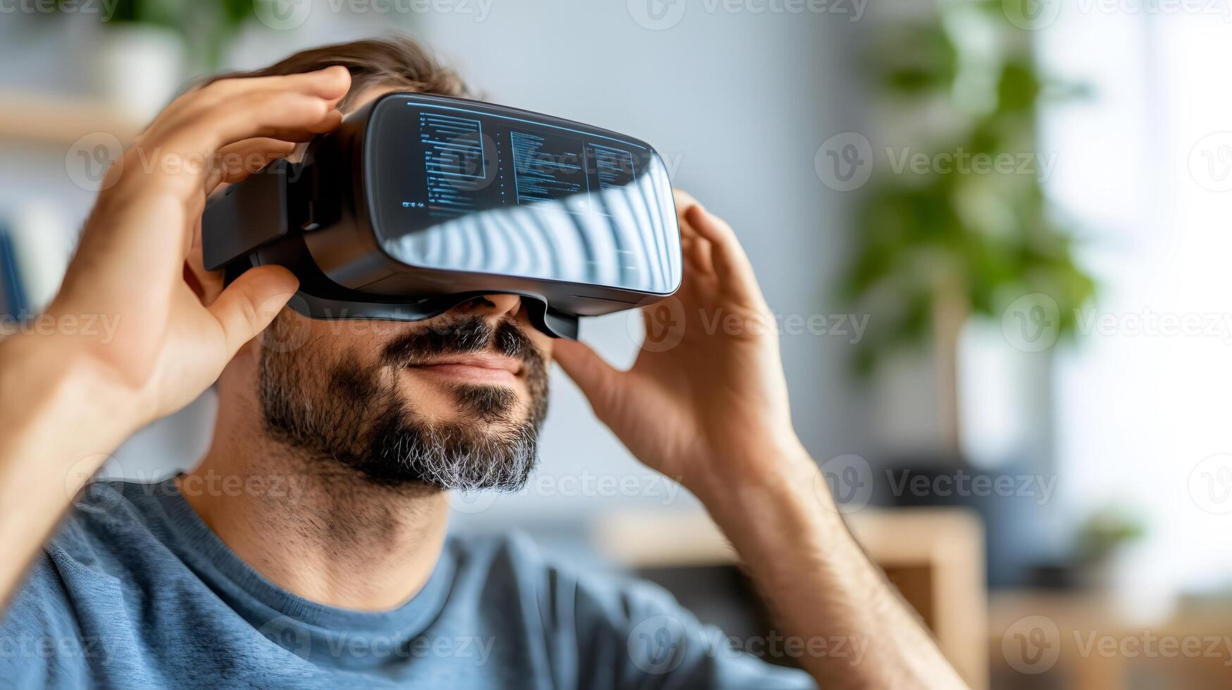 professional analyzing complex data with futuristic hologram elements in a modern office photo