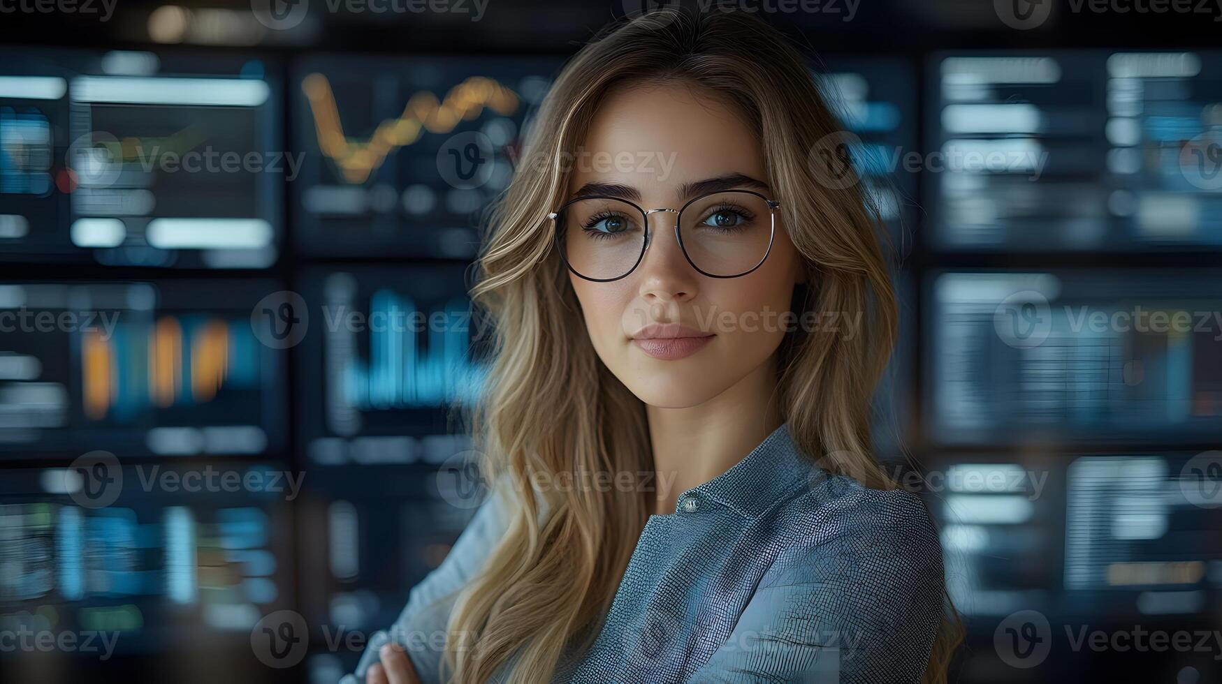 A businesswoman standing confidently with holograms of umbrella coverage and policy charts. photo