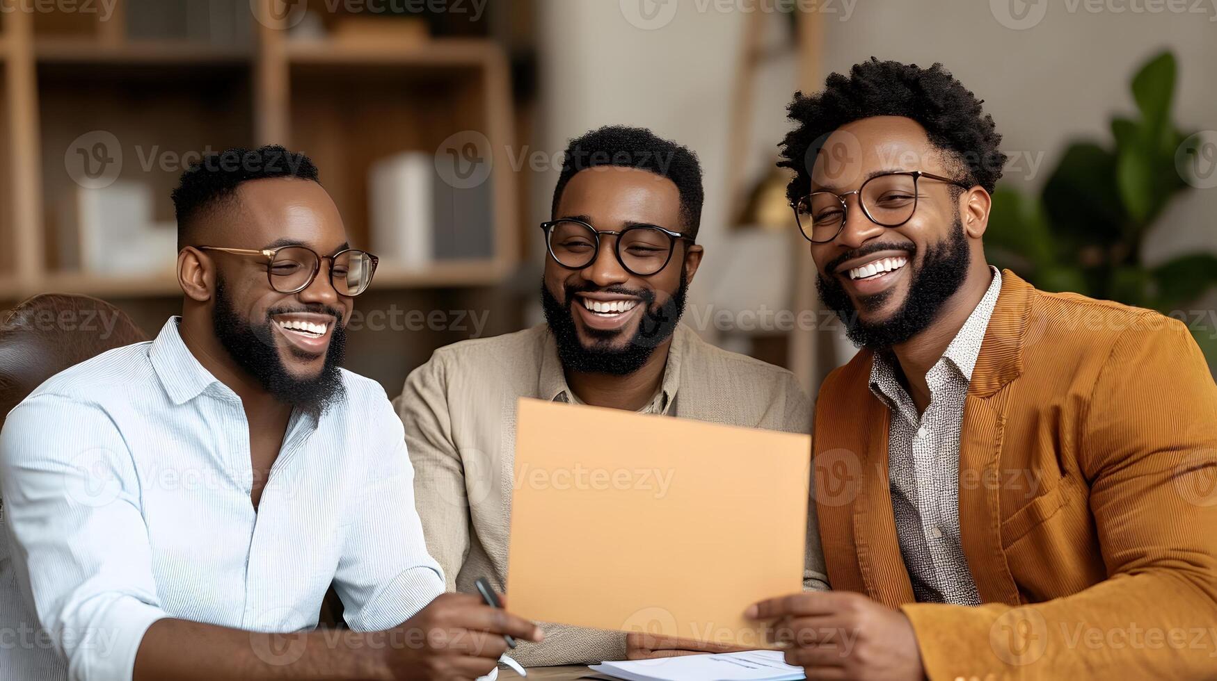 Diverse group of coworkers brainstorming in creative workspace photo