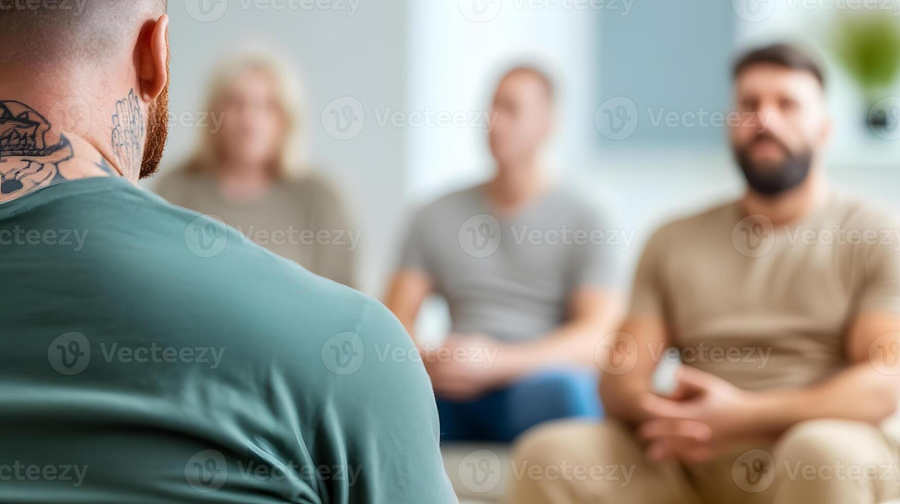 Group therapy session with people sitting in a supportive circle, sharing experiences photo