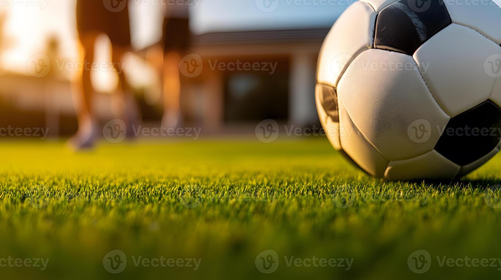 Grandparents playing soccer with their grandchildren in a sunny backyard. photo