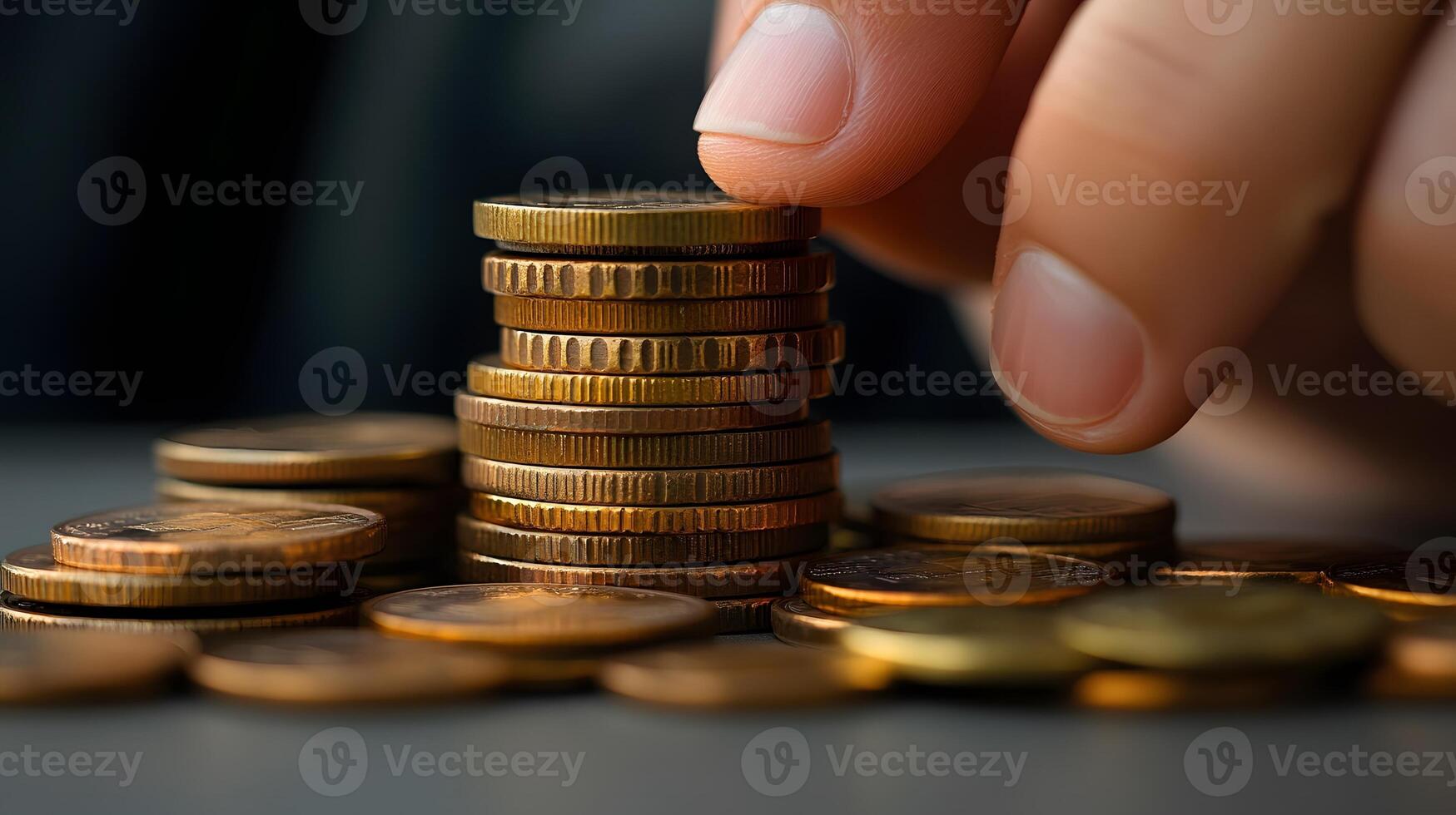 Hand placing coins onto tall stack against plain background, symbolizing savings and investment photo