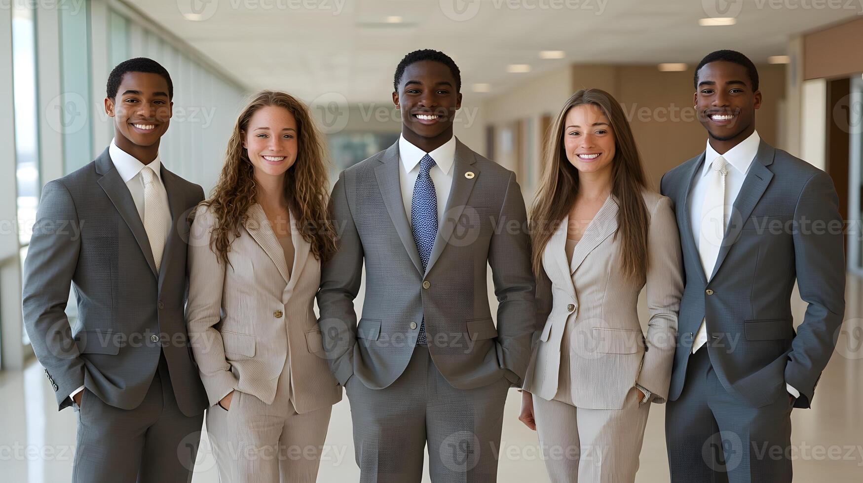 3D office workers in professional clothing posing for a group shot, plain white setting photo