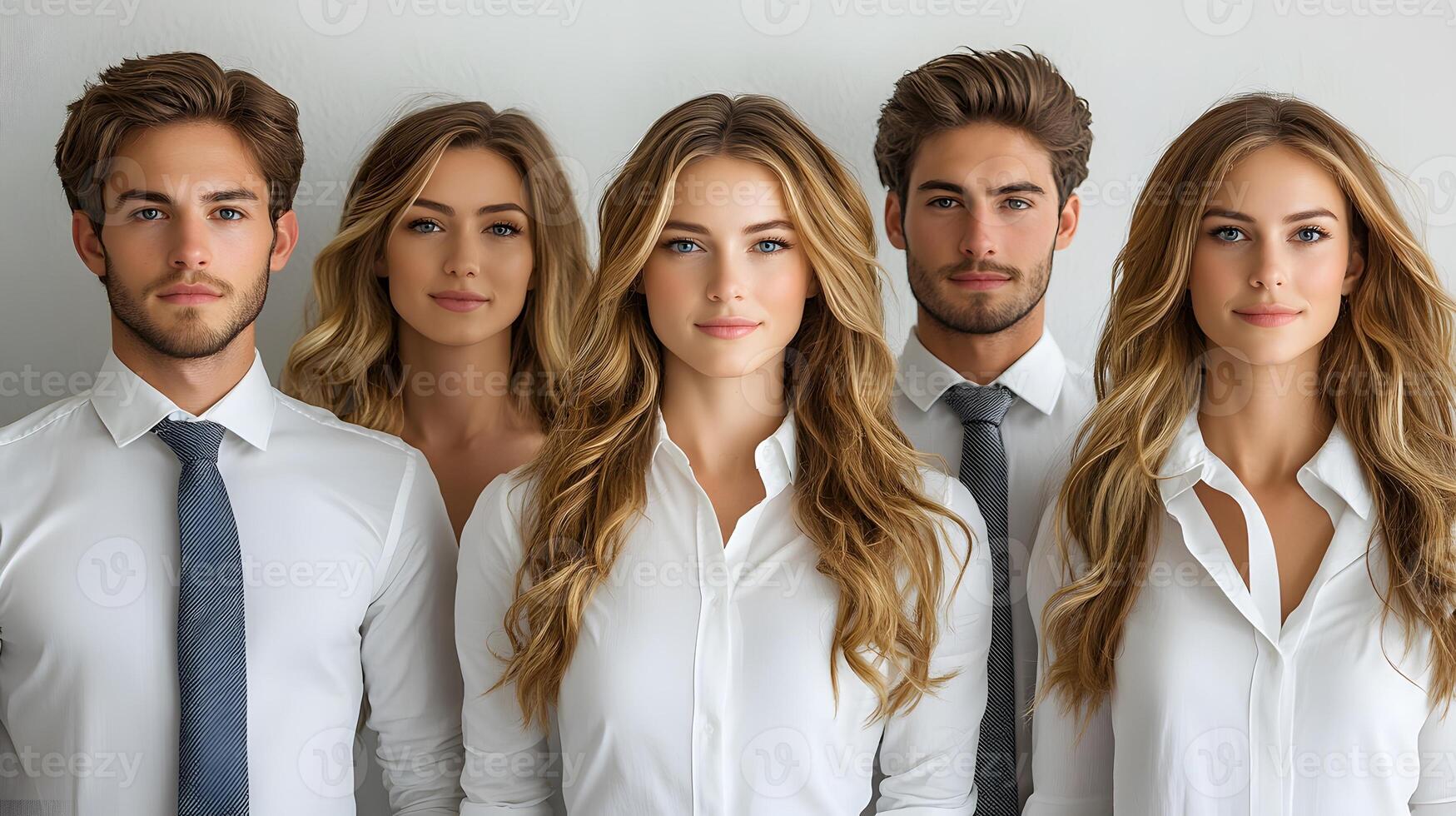 Corporate group in animated 3D form wearing modern formal clothing, white canvas photo