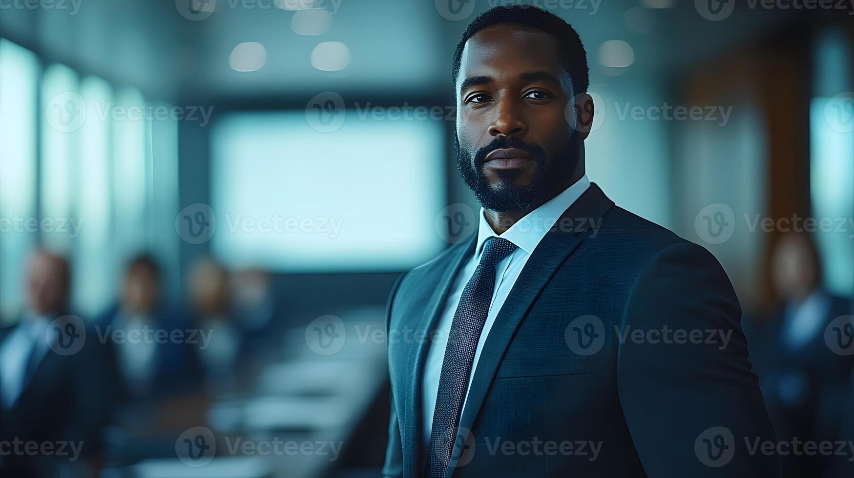 Group of coworkers attending business seminar manager standing near a screen in a professional boardroom photo