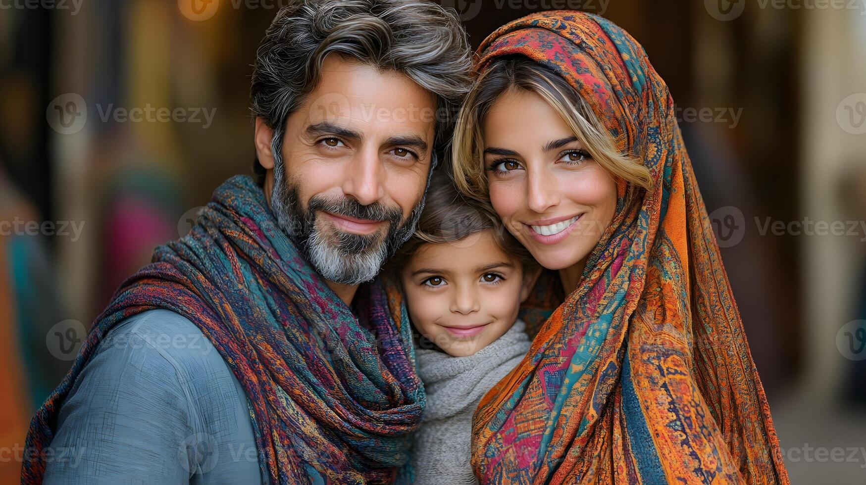 Portrait of a migrant family smiling under the banner of unity and global support photo