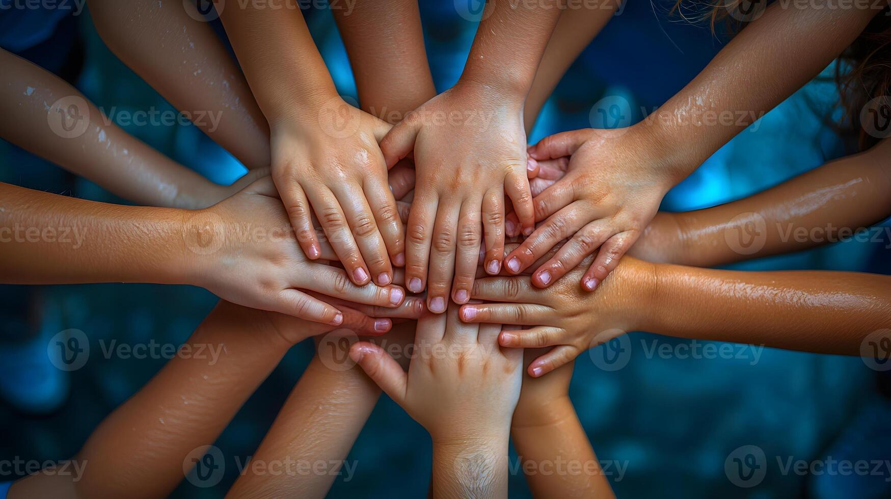 Corporate group celebrating teamwork diverse hands in a stack representing collaboration and inclusivity. photo