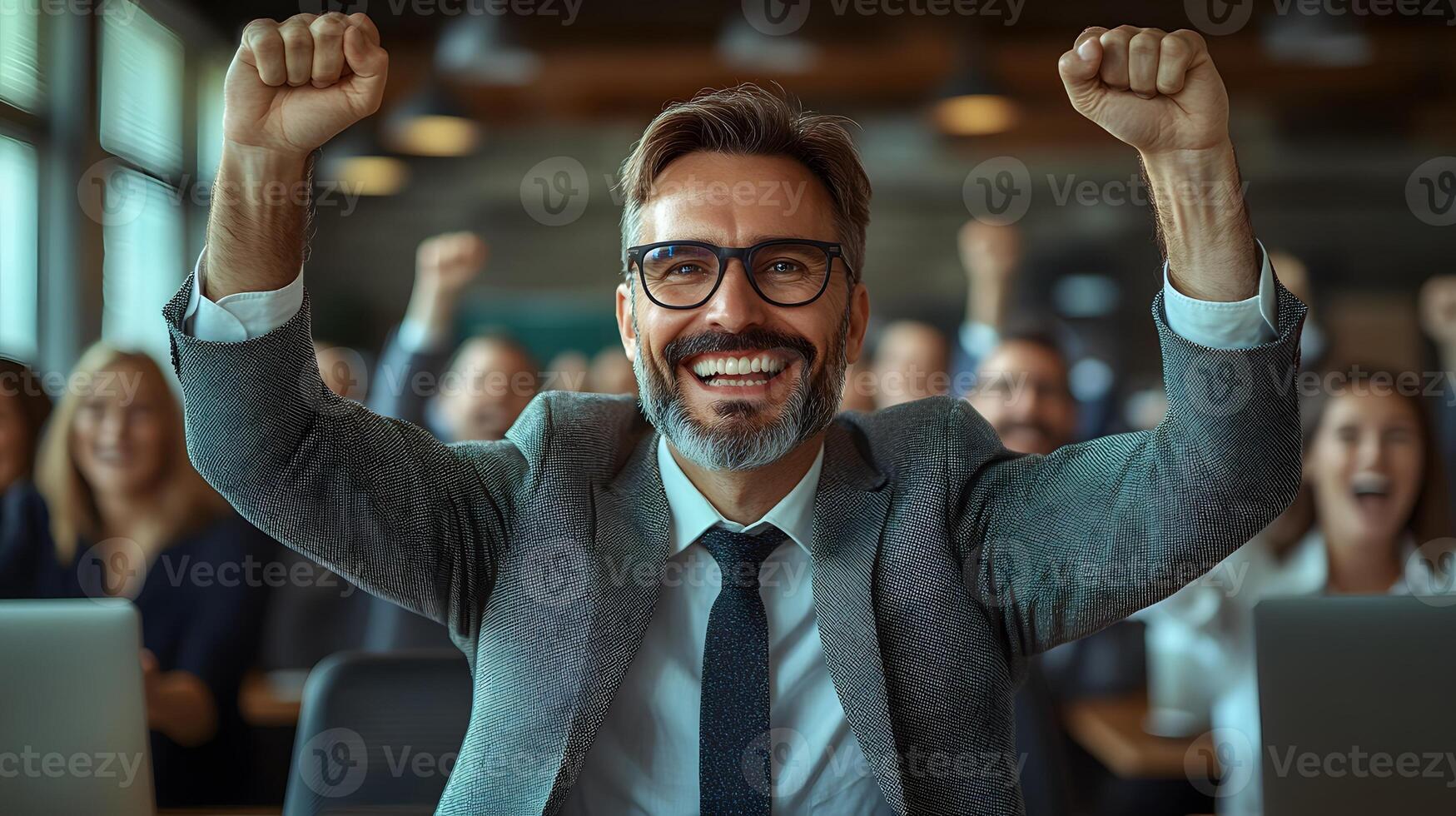 Professionals in an office courtyard raising hands to signify unity and support for company goals. photo