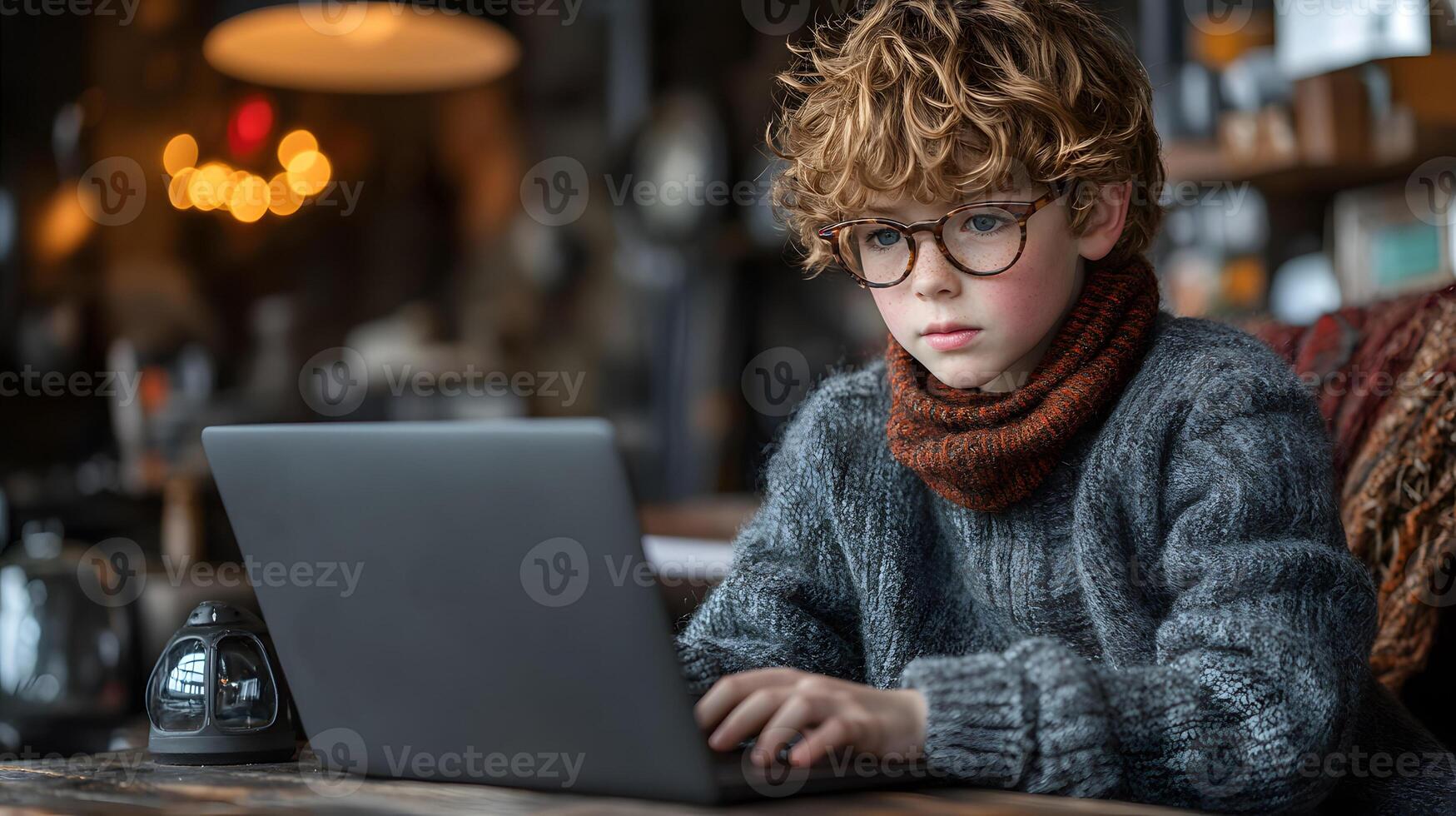 Young student typing on laptop in a tech-enabled classroom environment photo
