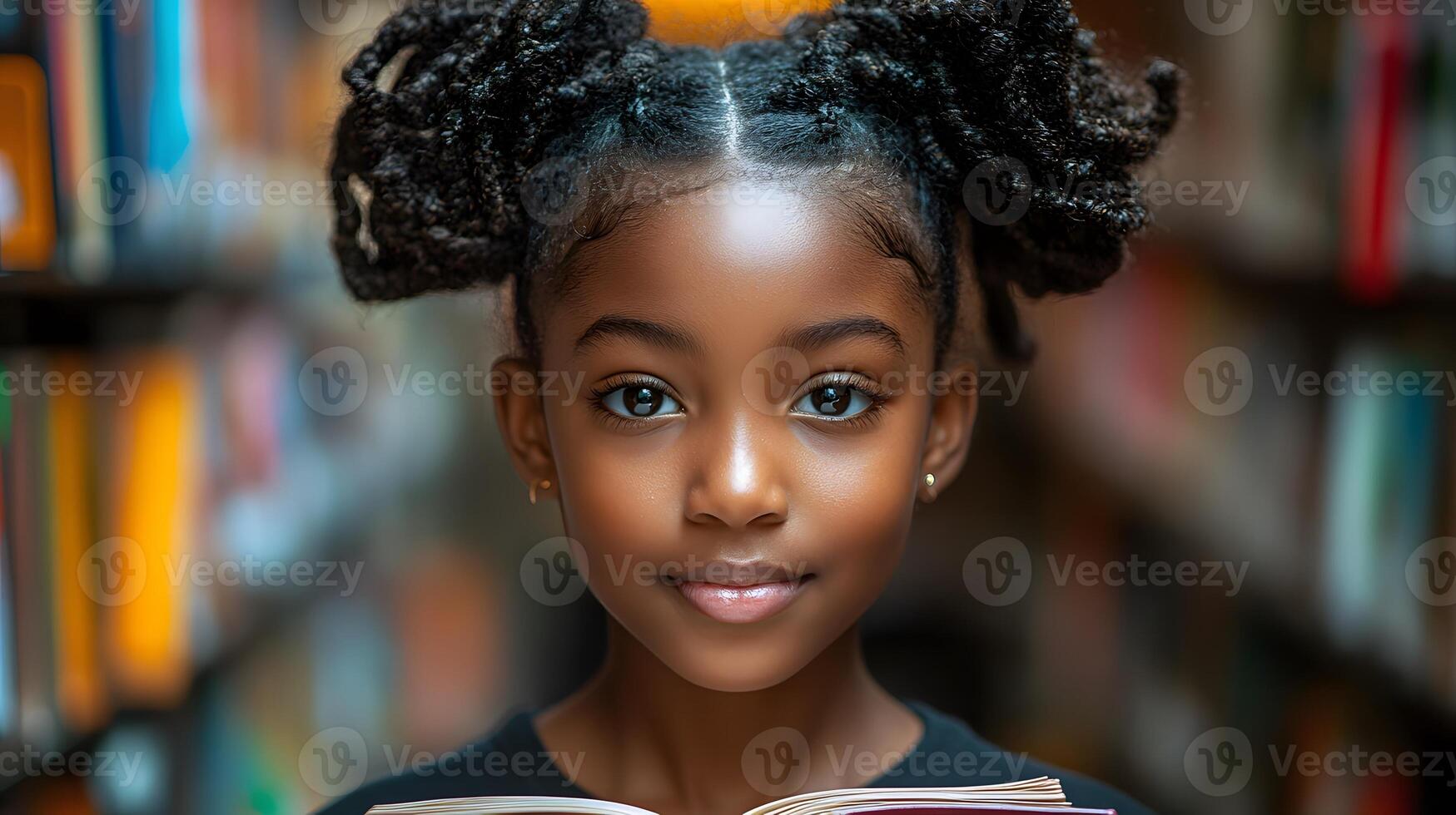 Young girl smiling while reading book in a library filled with natural light photo