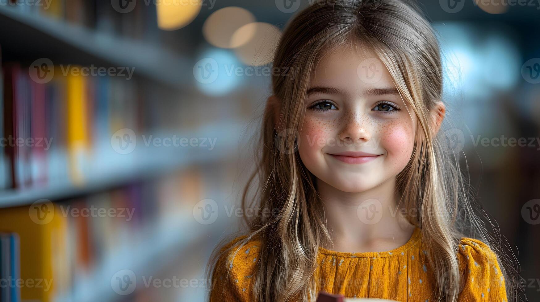Young girl smiling while reading a book in library filled with natural light photo