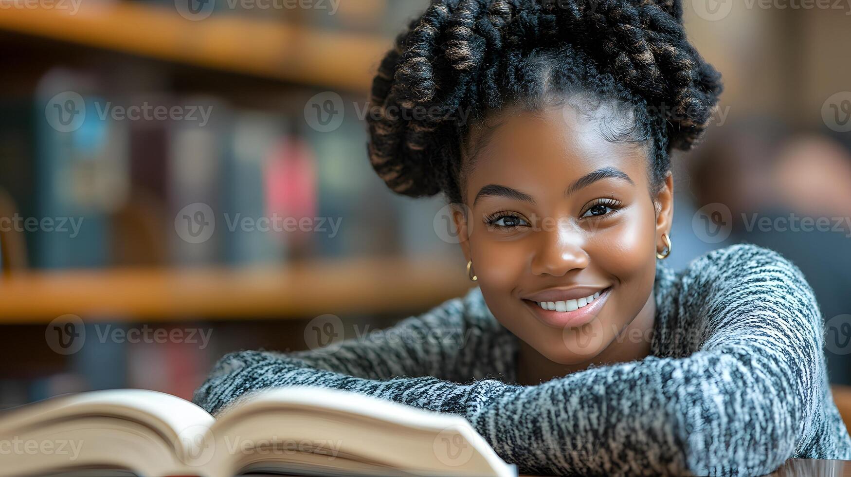 Young girl smiling while reading book in a library filled with natural light. photo