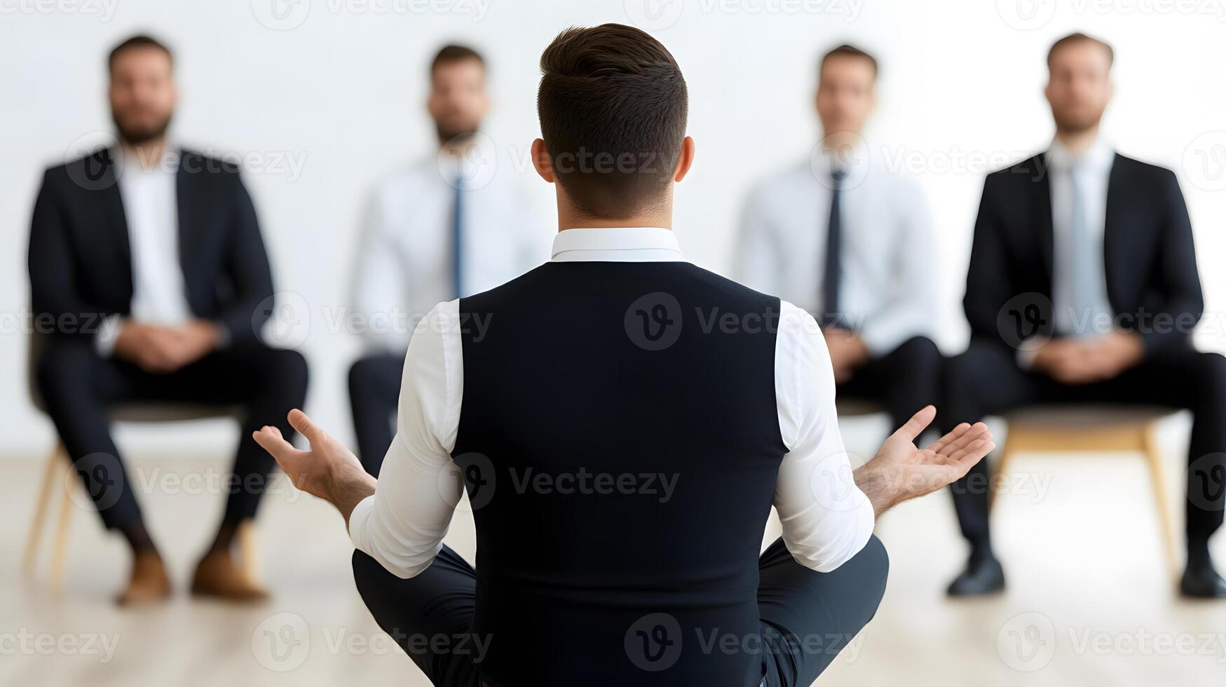 Formal boardroom meeting with a speaker addressing the team, confident expressions on the businessmen's faces photo