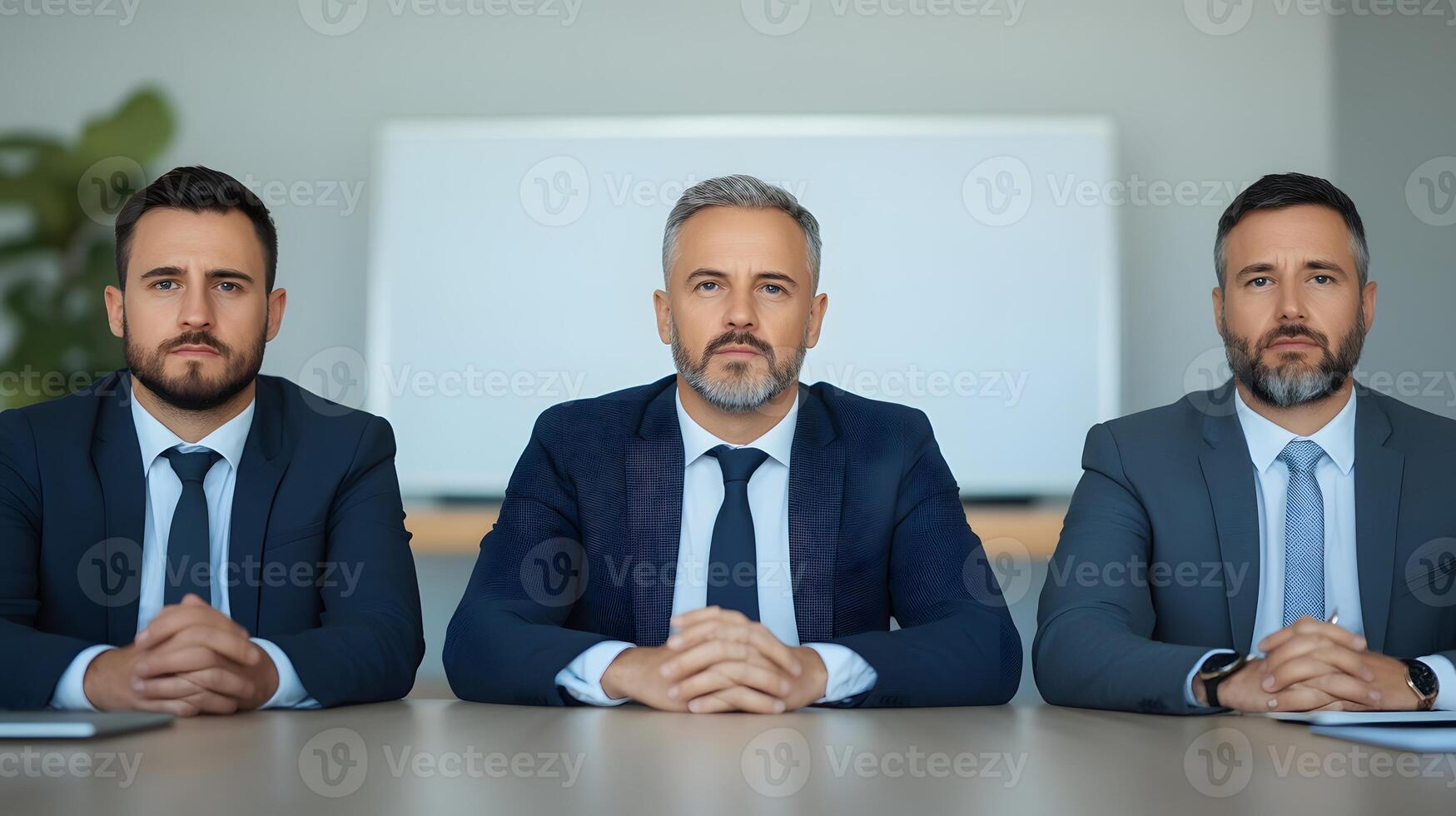 Professional businessmen in formal meeting discussing strategies in a modern conference room with a whiteboard and laptops photo
