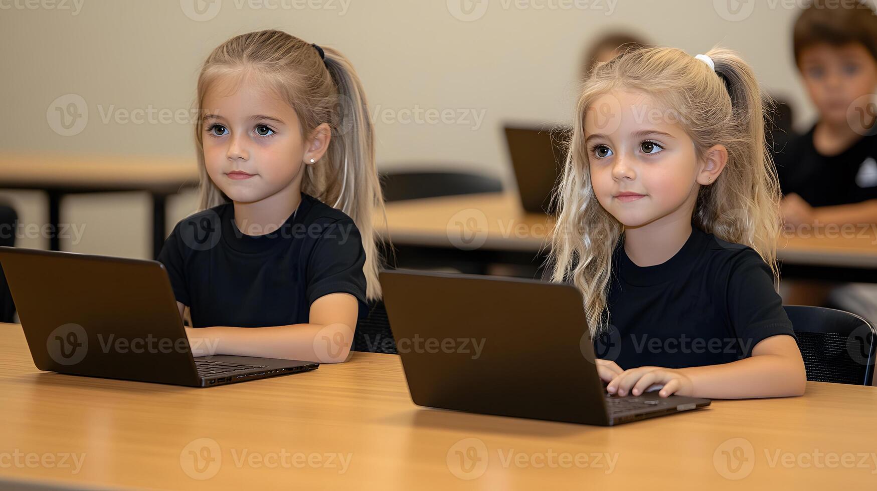 Students using technology to enhance their learning in a classroom. photo