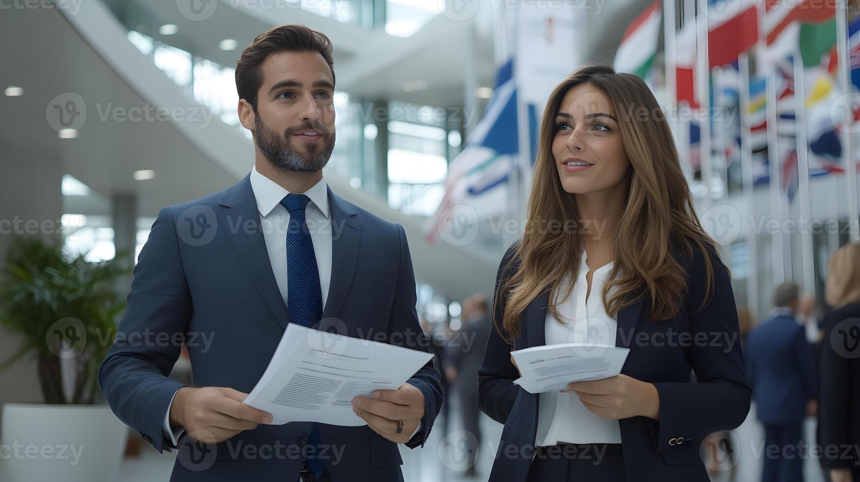 A customs officer checking paperwork at a trade exhibition, with people from different countries photo