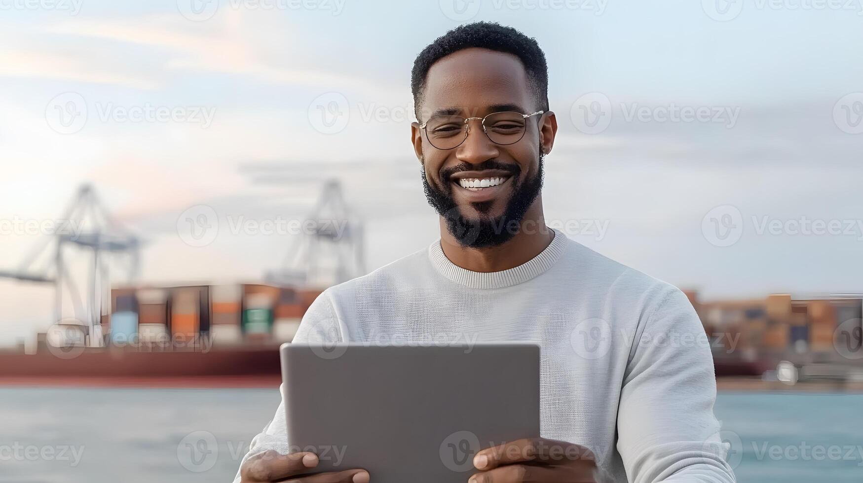 A customs agent using technology to monitor goods and shipments at a port photo
