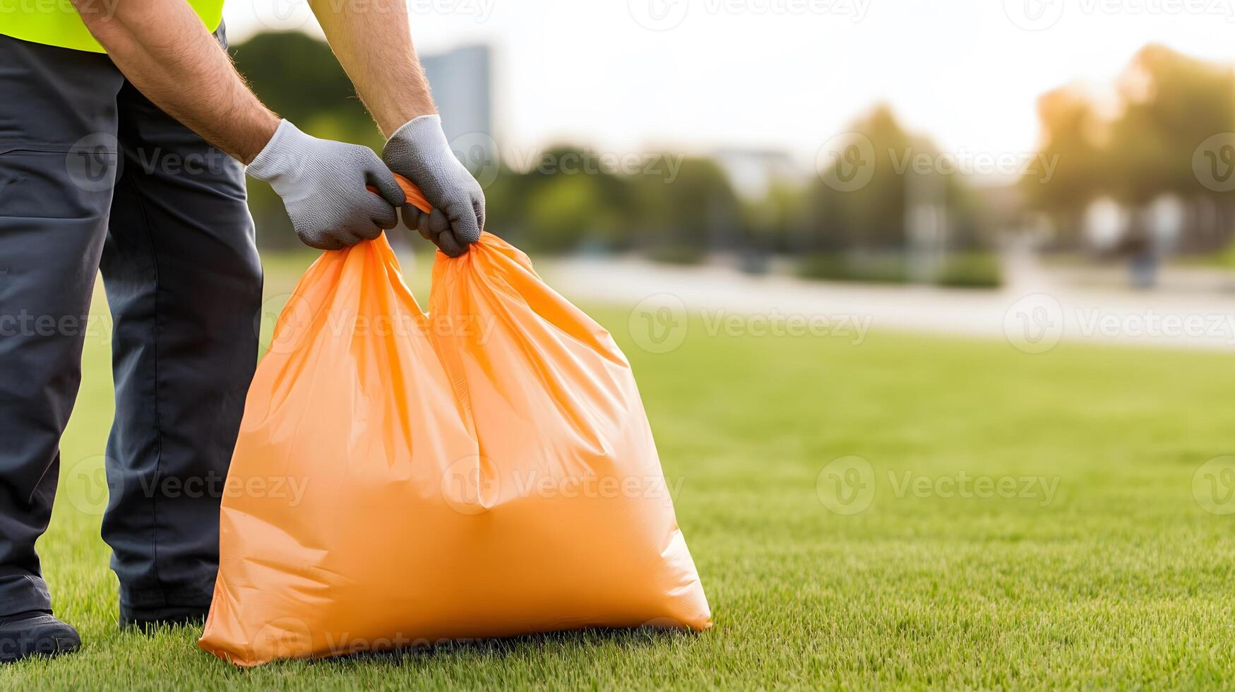 People participating in an environmental cleanup, with nature and greenery in the background on Global Community Engagement Day photo