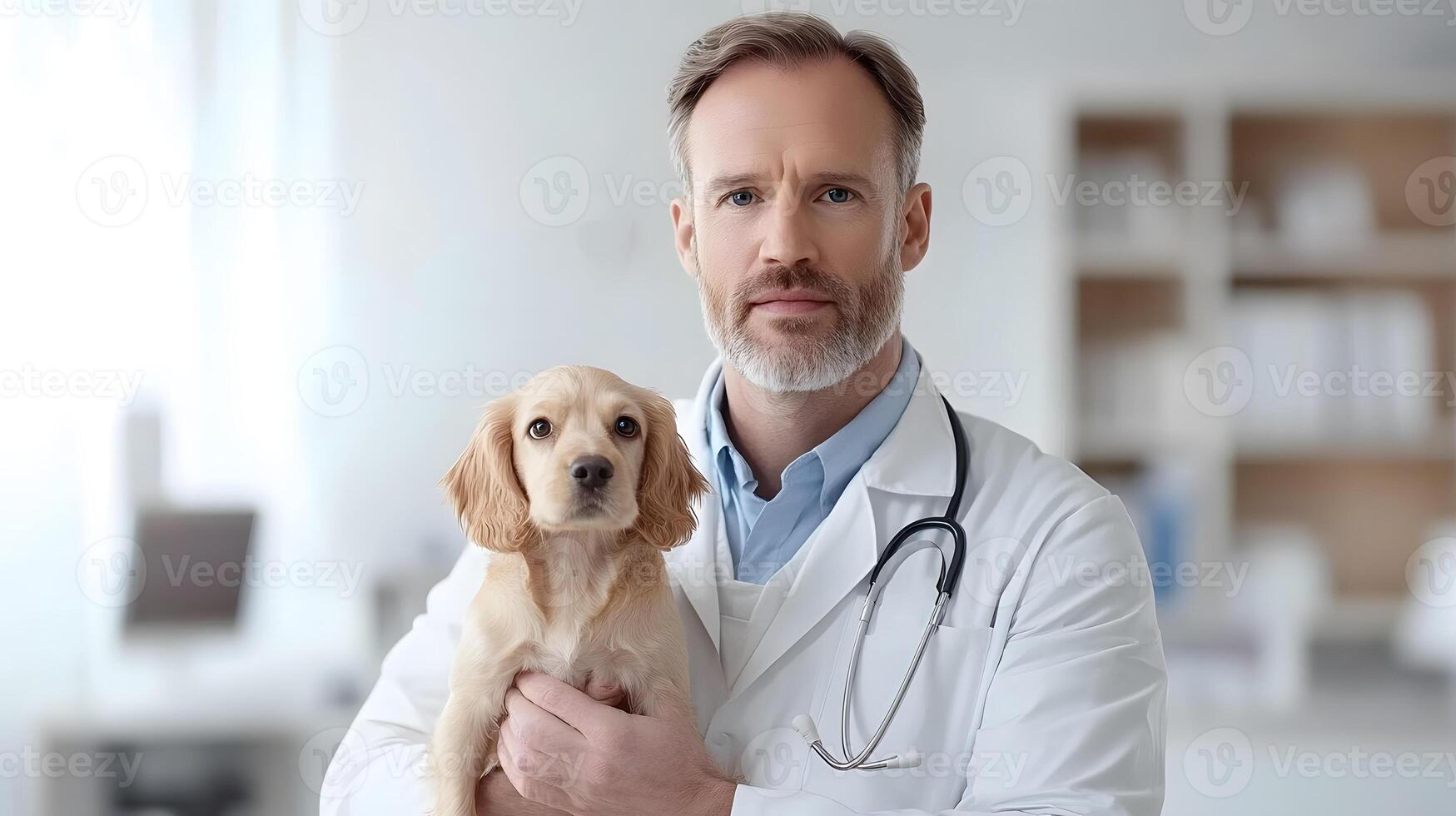 Veterinarian holding a small dog in a bright clinic, promoting pet care and spay awareness, 3D rendering photo