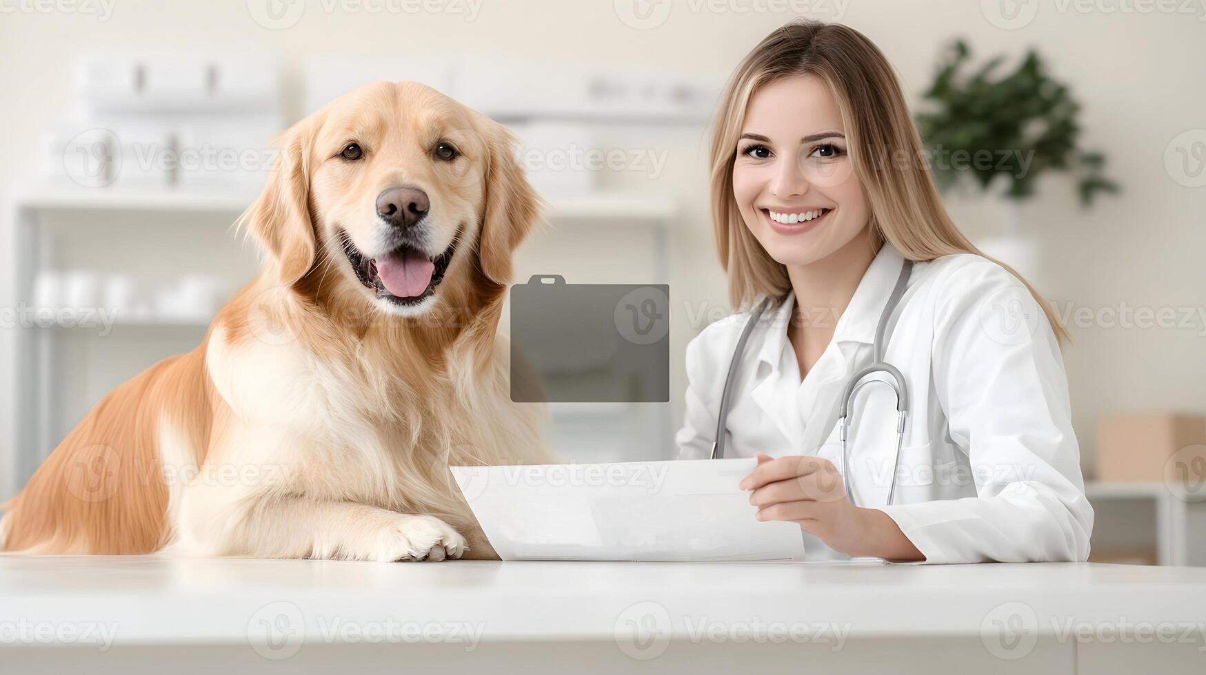 Pet owner reading an informational brochure about spay benefits in a clinic, 3D rendering photo