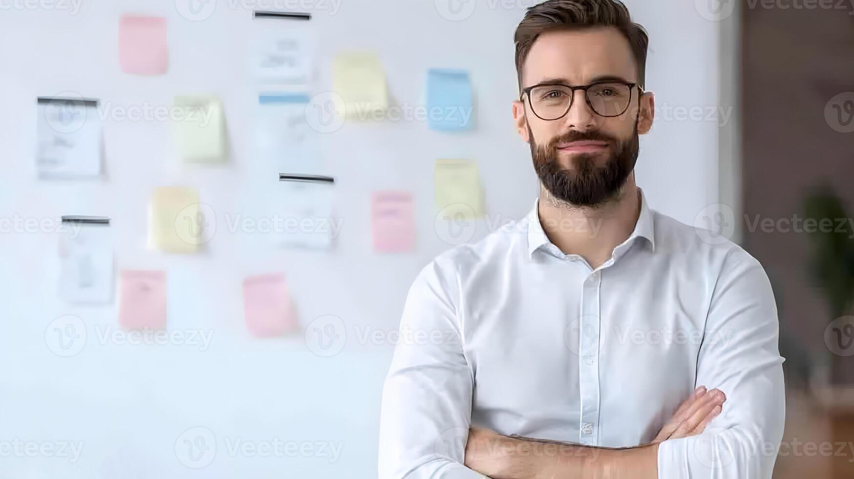 Employee writing resolutions on whiteboard with coworkers brainstorming ideas. photo