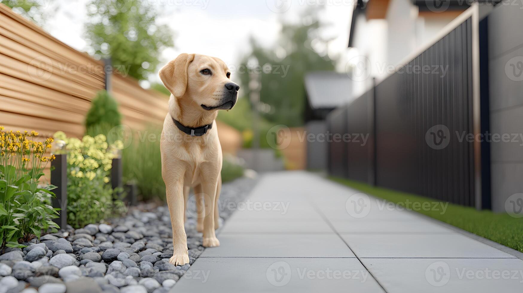 Dog and cat playing together in a fenced backyard, symbolizing harmony after spay, 3D rendering photo