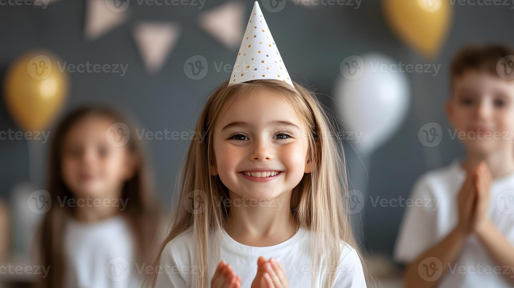 Group of students with party hats clapping during New Year event in classroom. photo