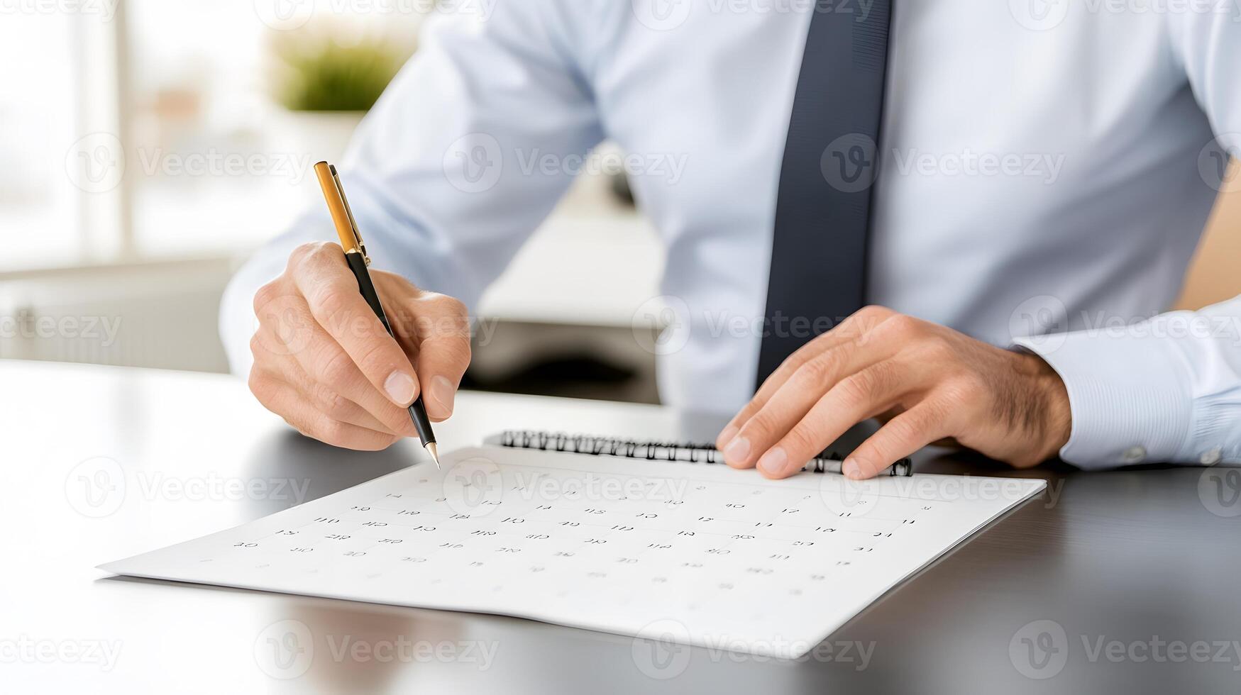 Freelancer organizing a productive week using a blank calendar in a bright, well-lit room photo