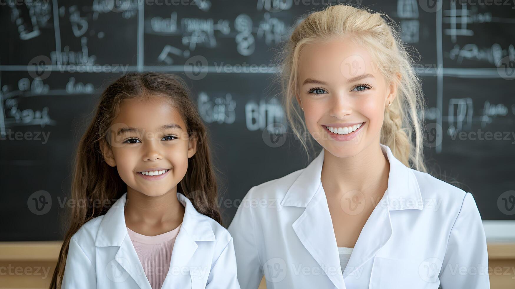Teacher explaining step-by-step math concepts on a blackboard, student actively participating in learning photo