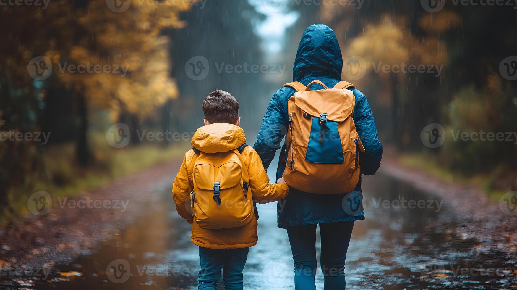 A parent and child walking together to school with a backpack in hand ready for the first day of the new school year. photo