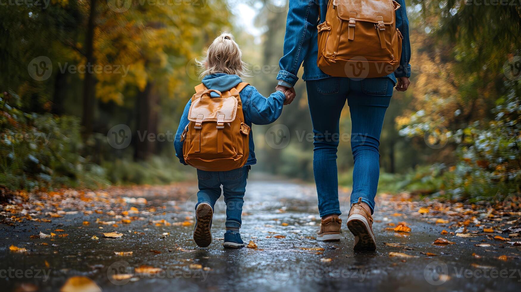 A parent and child walking together to school with a backpack in hand, ready for the first day of the new school year photo