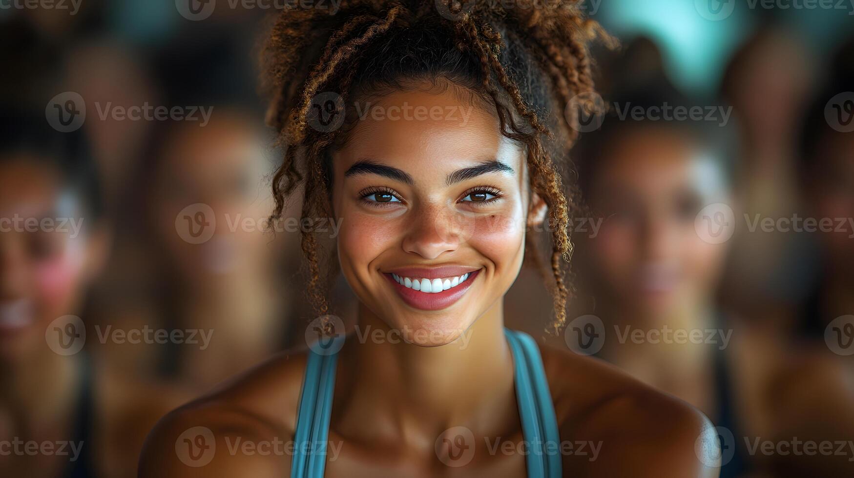 A group of people attending a spin class, sweating and smiling, in a high-energy cycling studio photo