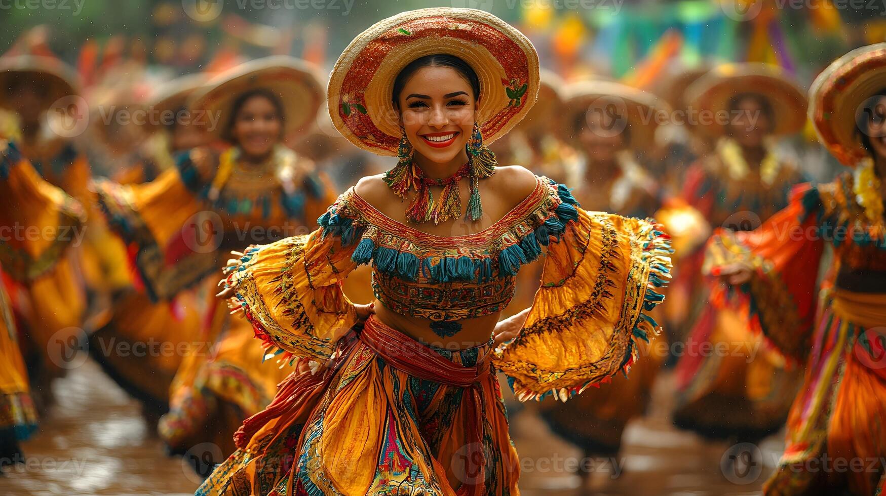 A group of dancers in traditional attire performing a cultural dance at a colorful festival with festive decorations in the background photo