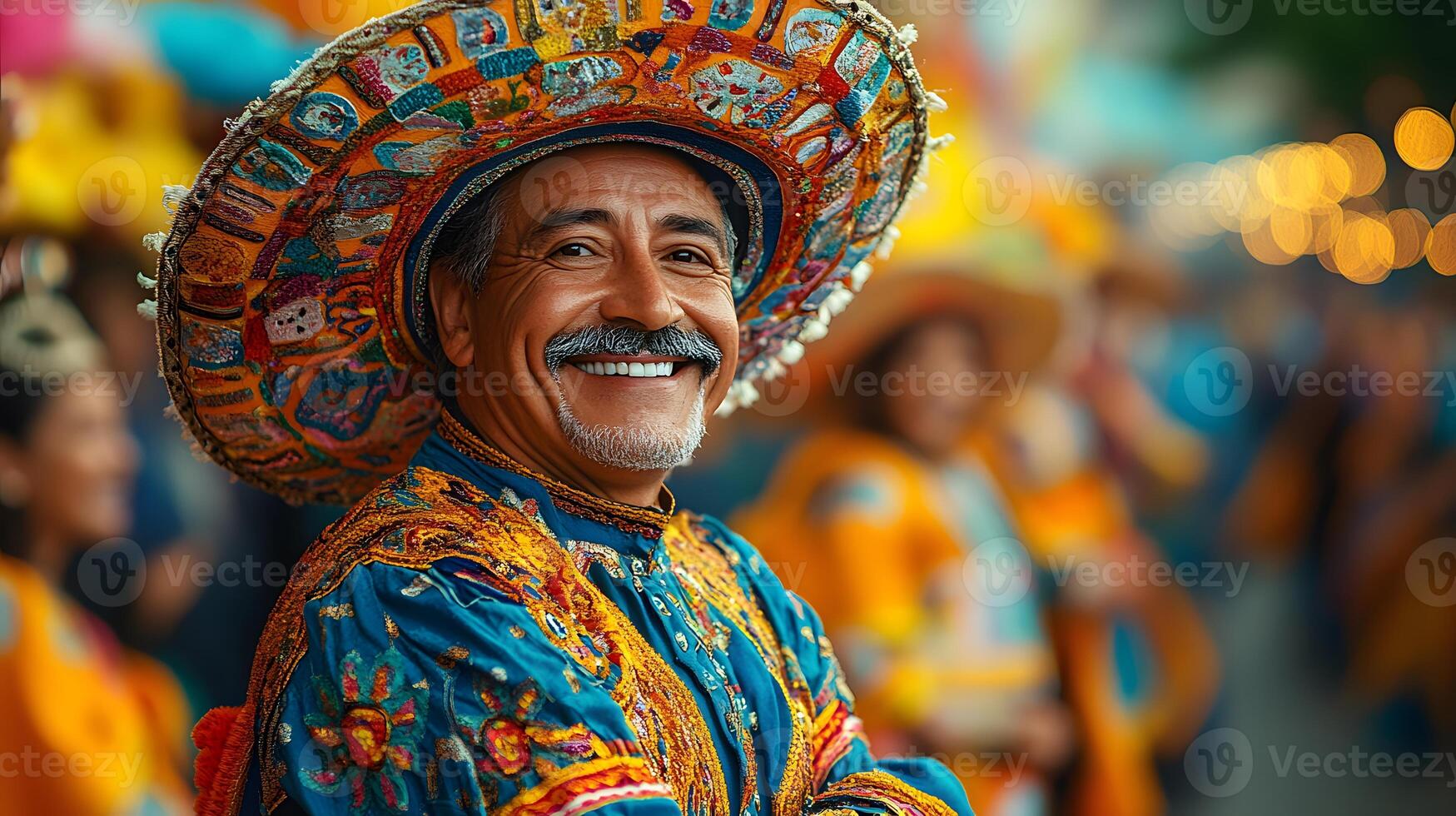 A vibrant cultural festival featuring traditional costumes dance, and music, with people celebrating in the streets. photo