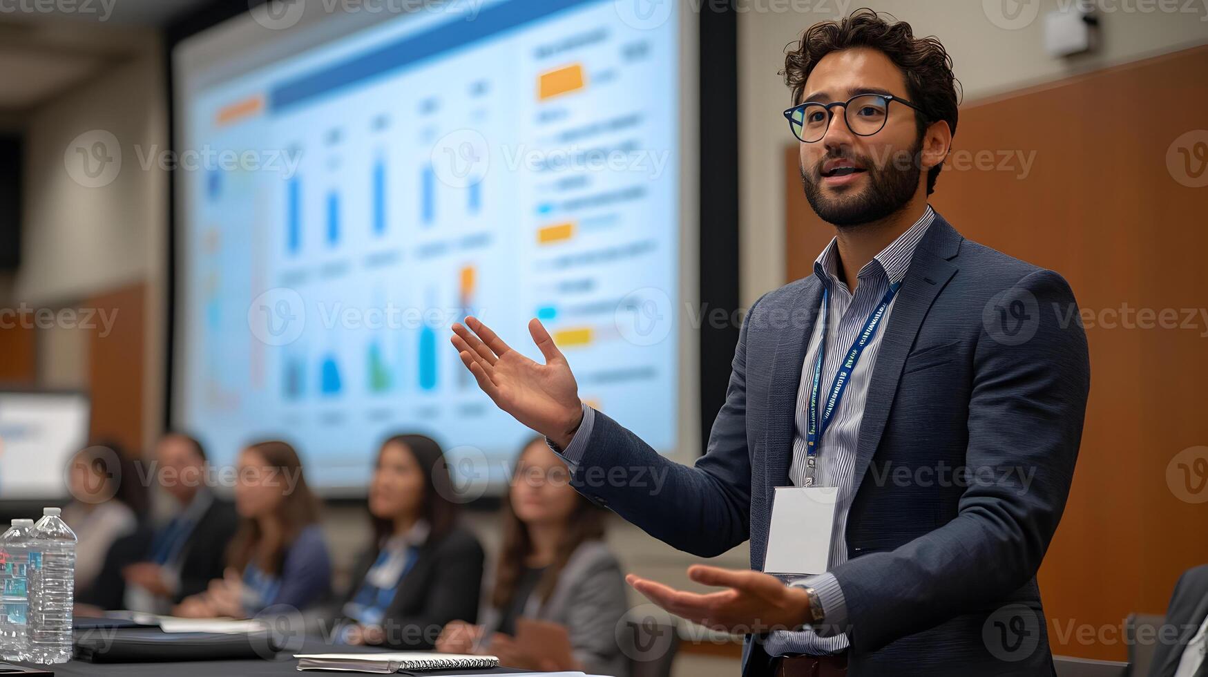 Entrepreneurs presenting finalized service designs to stakeholders, charts and data visualizations enhancing the pitch photo