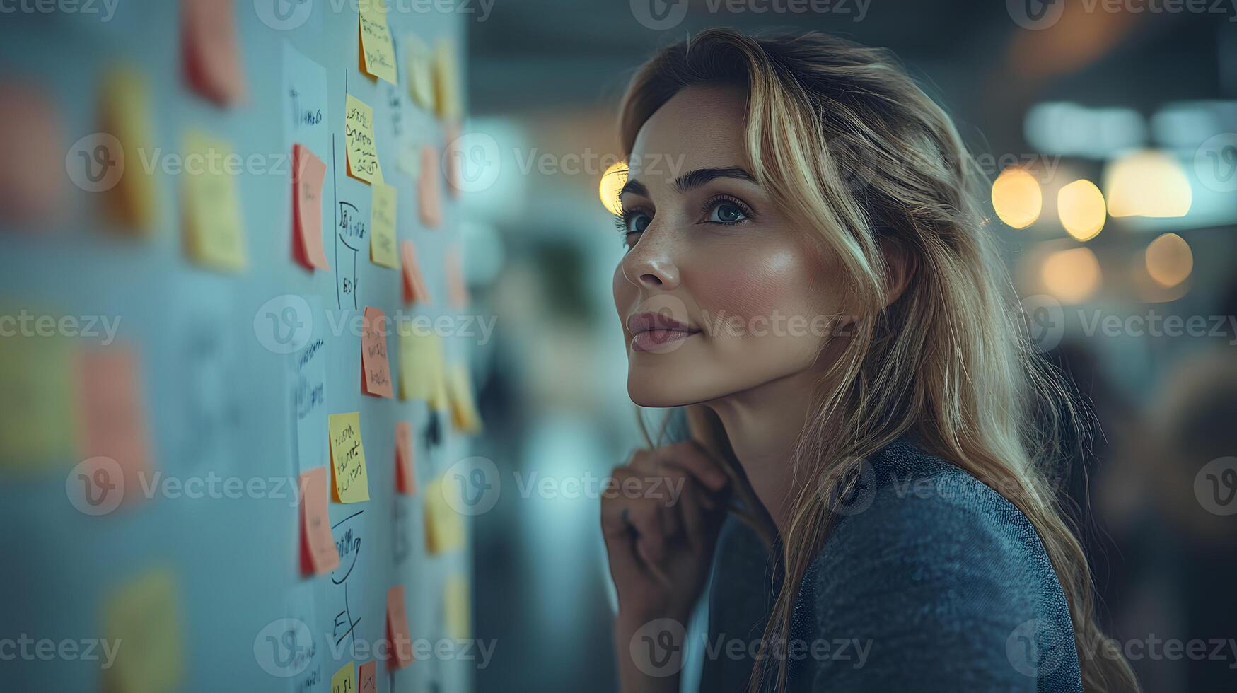 A creative team brainstorming business target markets vibrant sticky notes on a board, teamwork and innovation theme, casual yet professional setting photo