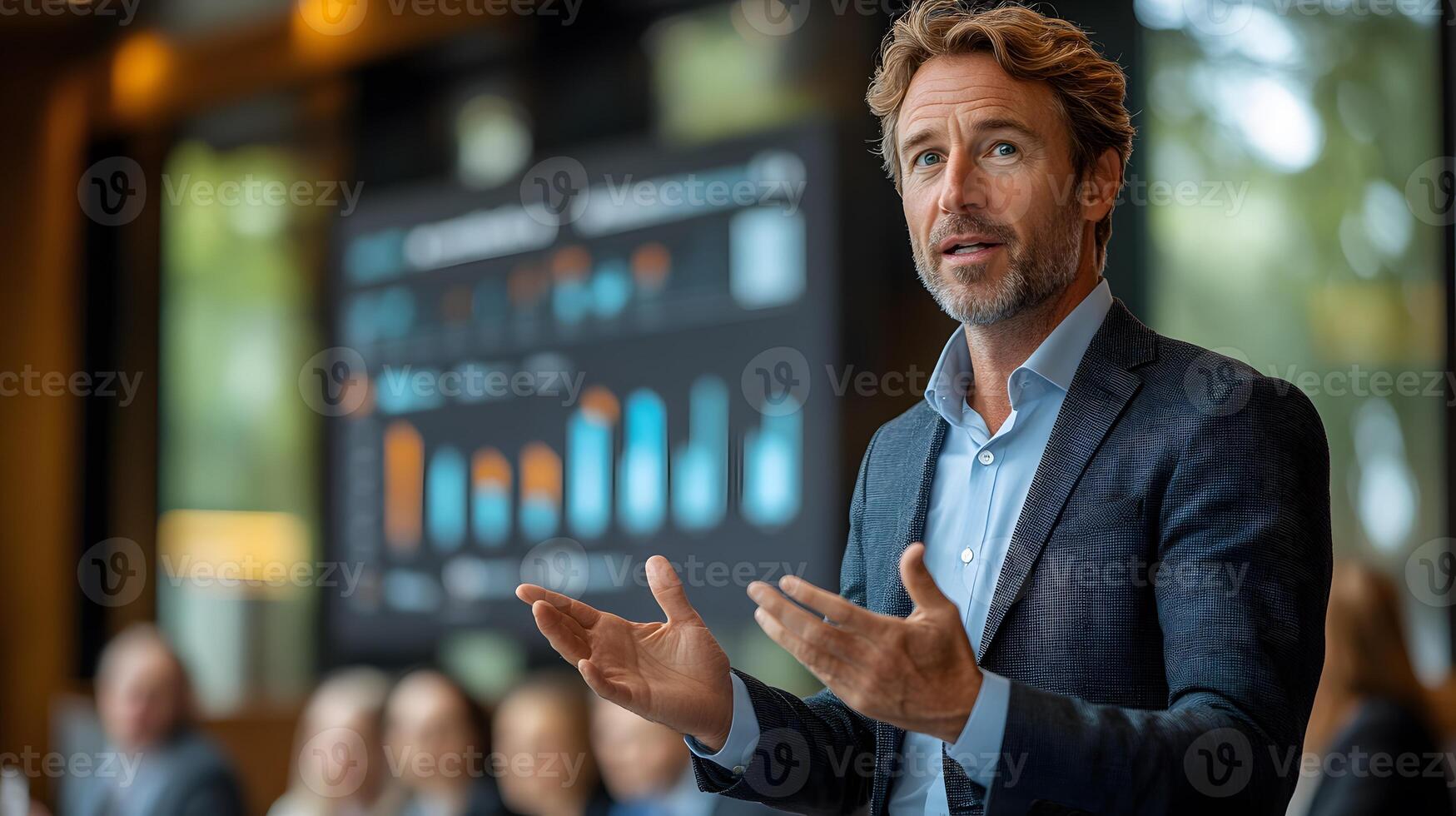 A senior executive presenting a detailed business summary to a team in a modern boardroom with visual aids photo