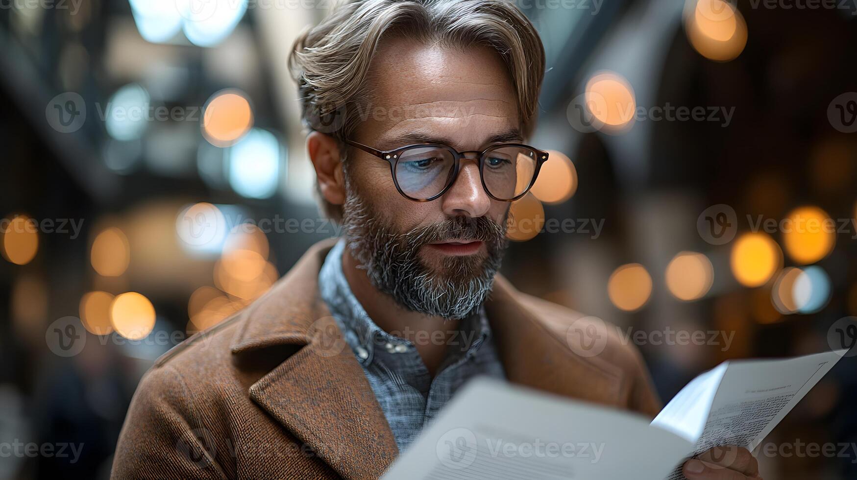 A focused professional flipping through a printed executive summary in a stylish office setting. photo