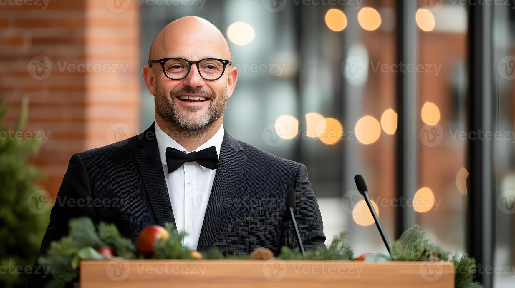 A confident team leader giving a speech to a group of employees, with a focus on teamwork and collaboration photo